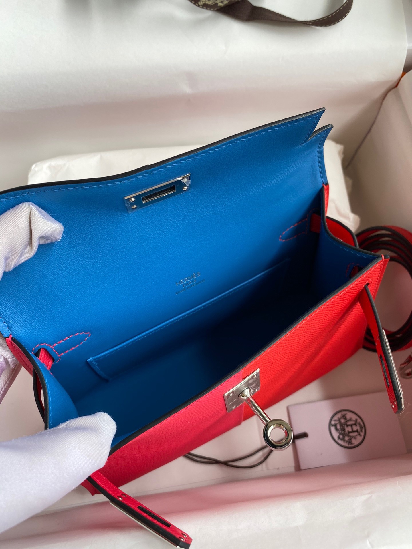 Hermes Kelly Mini II Sellier Tri-color Bag In Red/Rose Extreme/Blue Epsom Calfskin