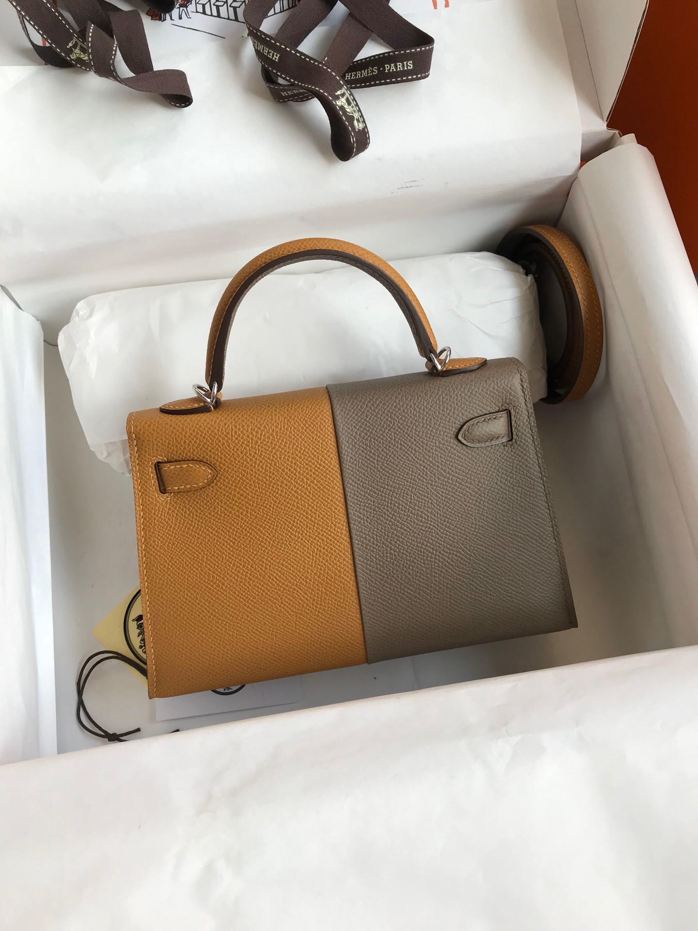 Hermes Kelly Mini II Sellier Tri-color Bag In Taupe/Sesame/Blue Nuit Epsom Calfskin