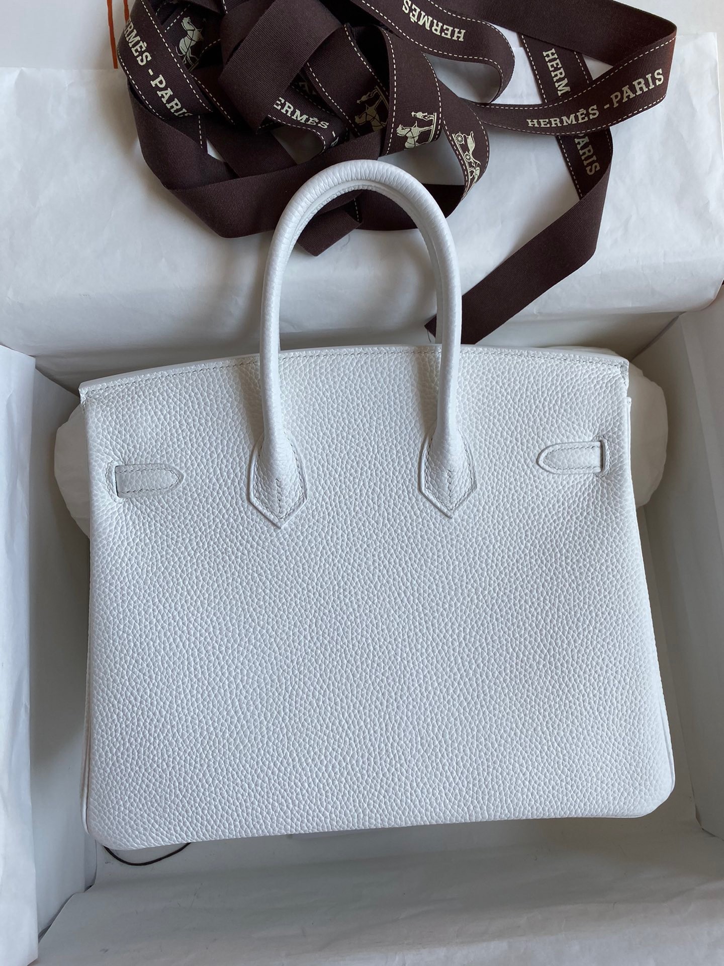 Hermes Birkin 25 Retourne Handmade Bag In White Clemence Leather