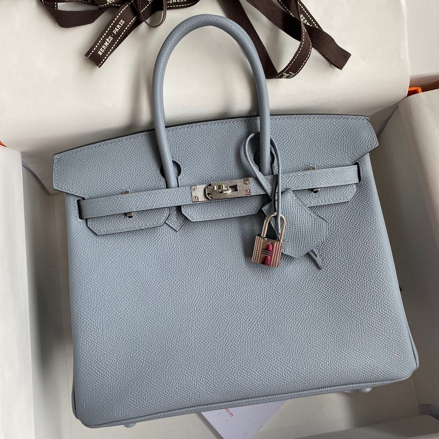 Hermes Birkin 25 Retourne Handmade Bag In Blue Lin Epsom Calfskin