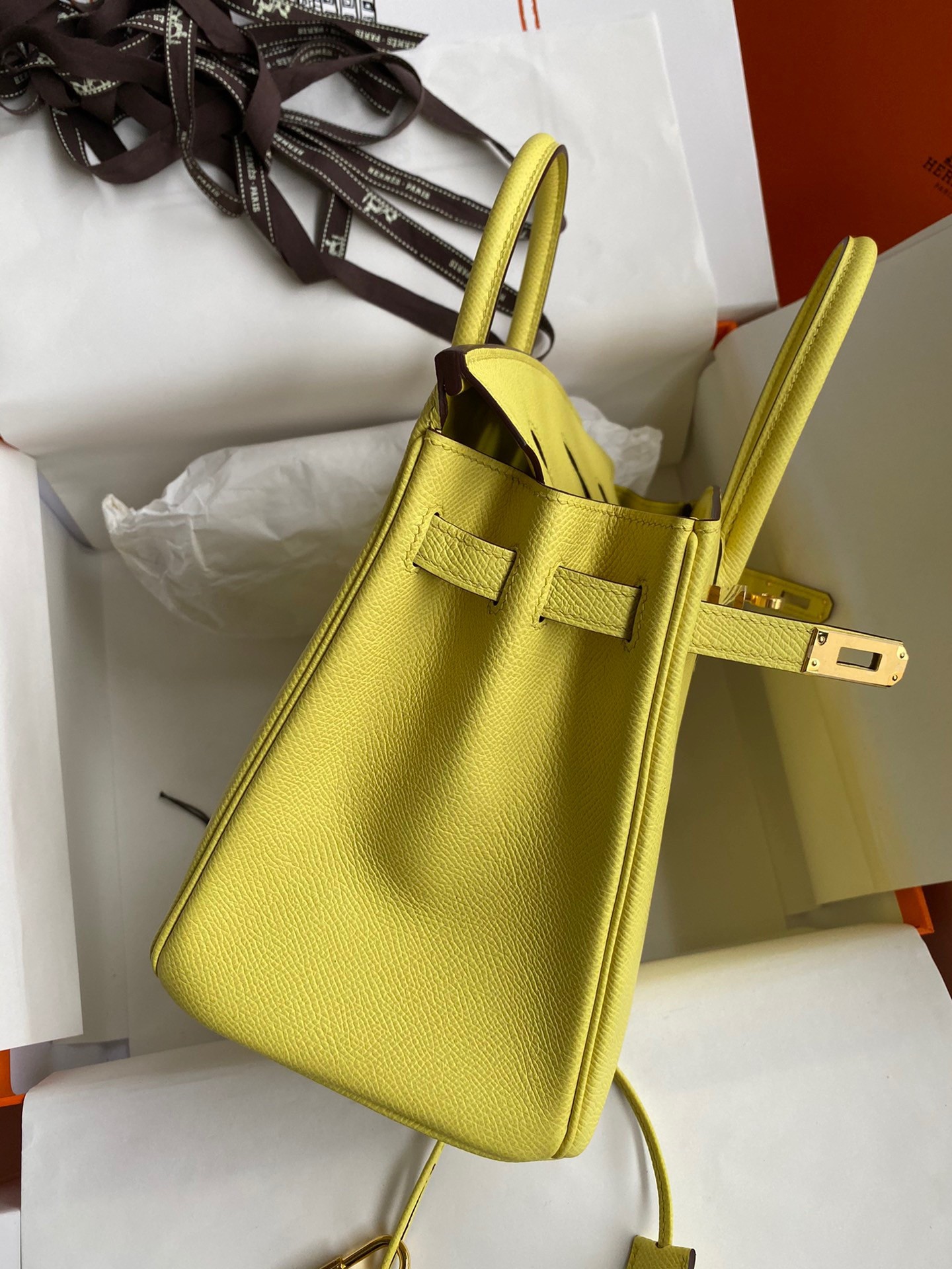 Hermes Birkin 25 Retourne Handmade Bag In Lime Epsom Calfskin