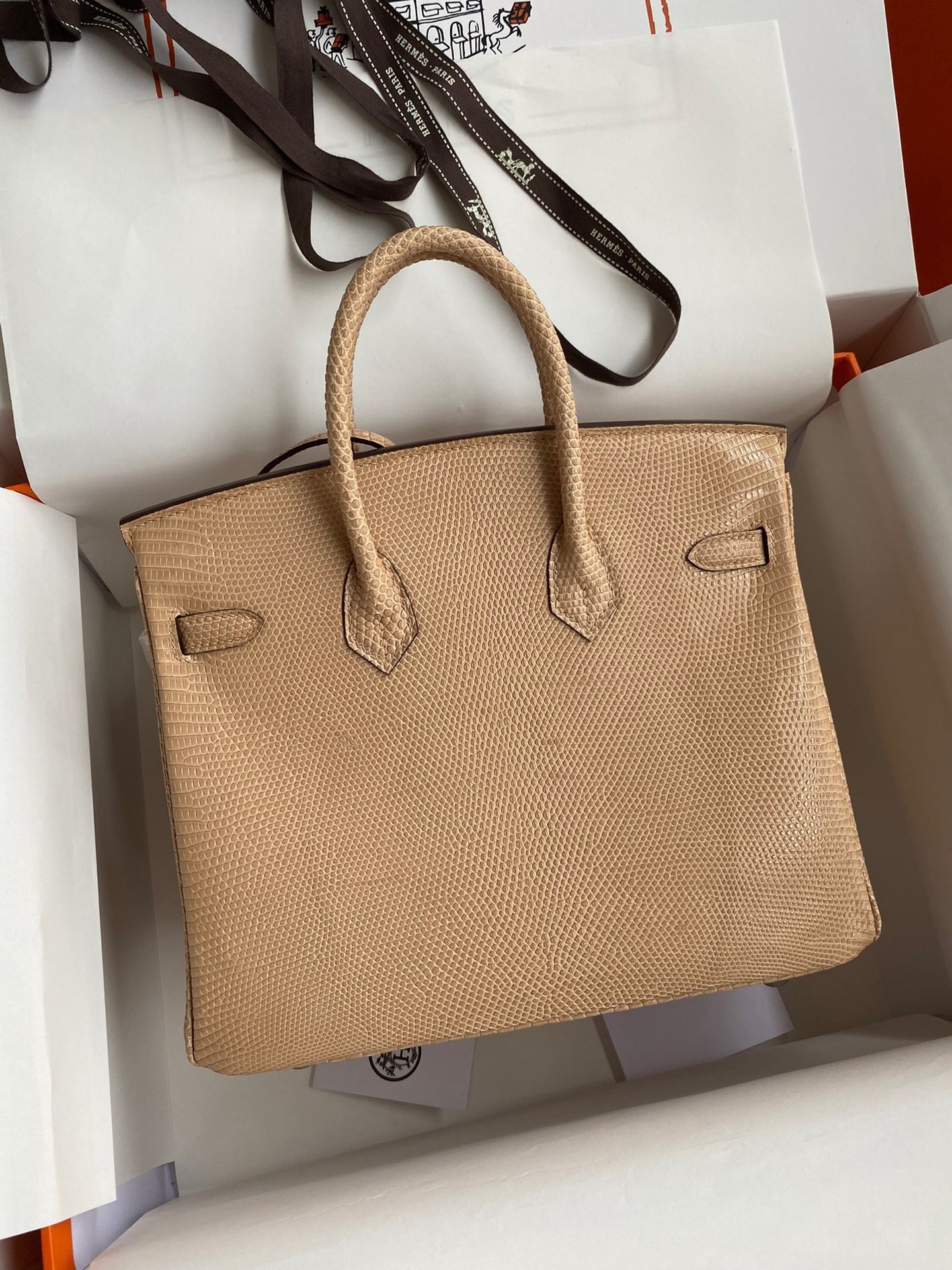 Hermes Birkin 25 Retourne Handmade Bag In Beige Lizard Leather