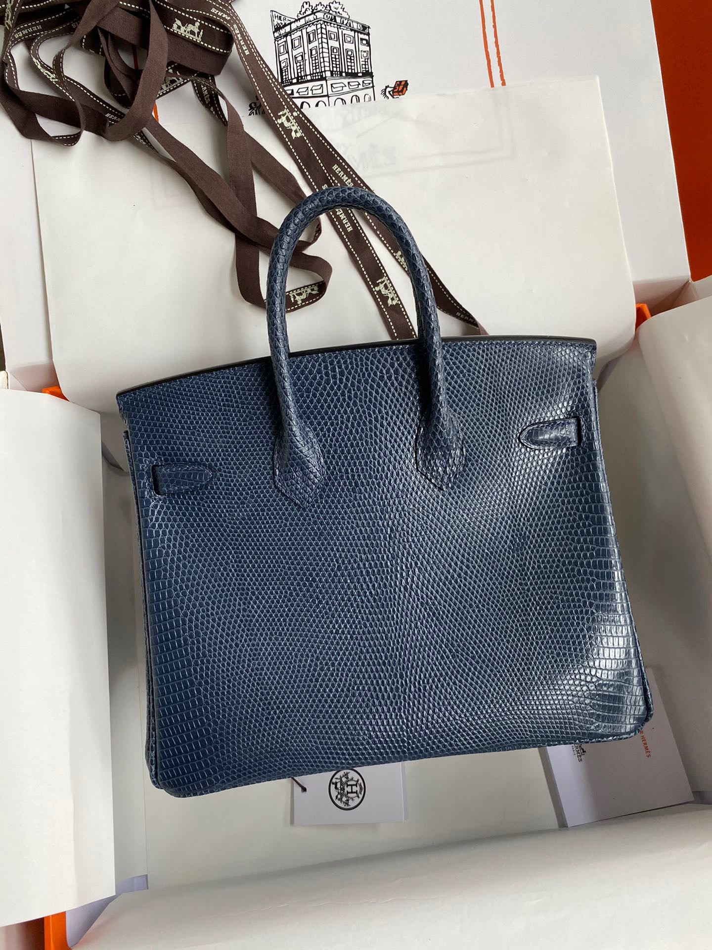 Hermes Birkin 25 Retourne Handmade Bag In Blue Saphir Lizard Leather