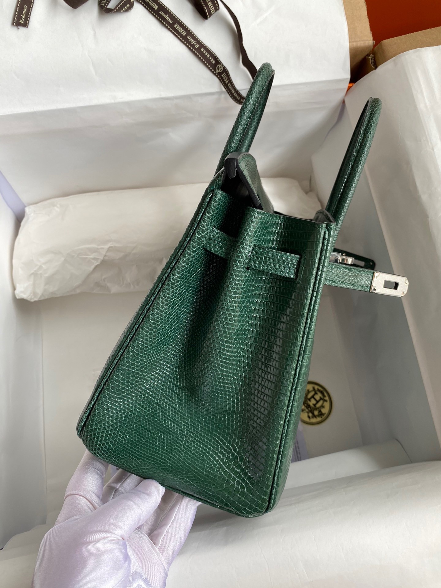 Hermes Birkin 25 Retourne Handmade Bag In Malachite Lizard Leather