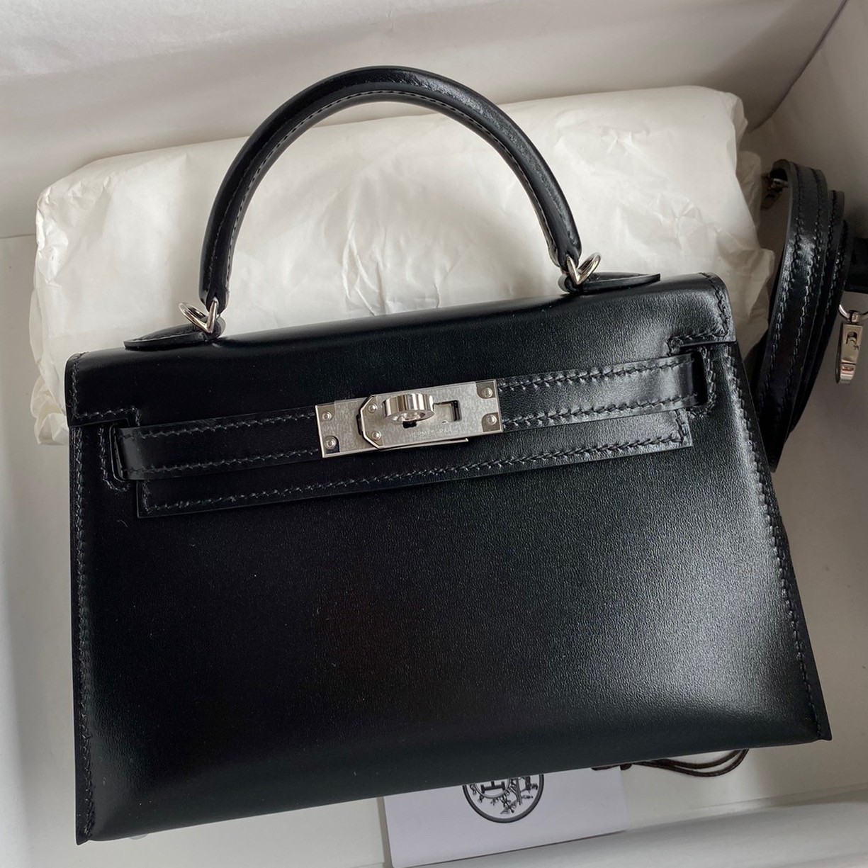 Hermes Kelly Mini II Sellier Handmade Bag In Black Box Calfskin