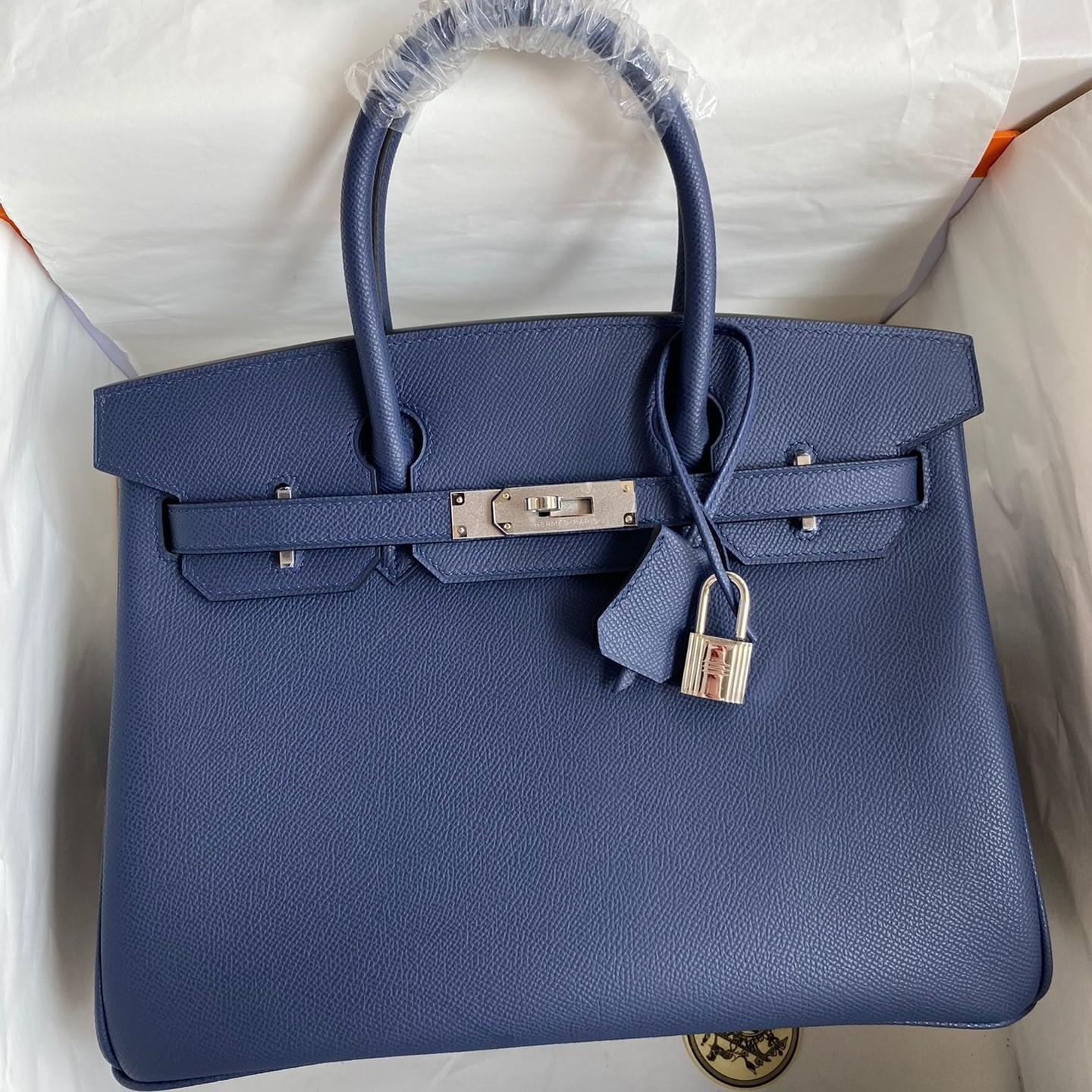 Hermes Birkin 30 Retourne Handmade Bag In Blue Saphir Epsom Calfskin