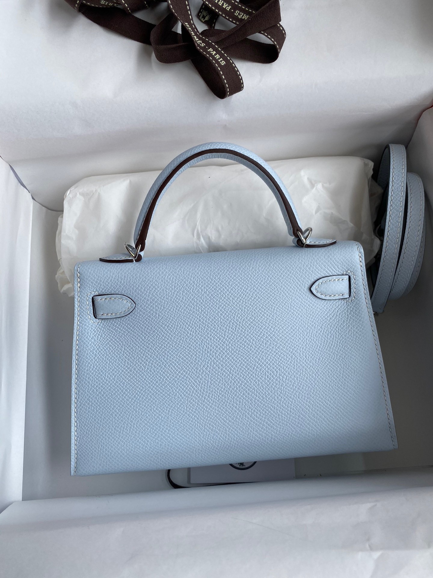 Hermes Kelly Mini II Sellier Handmade Bag In Blue Brume Epsom Calfskin