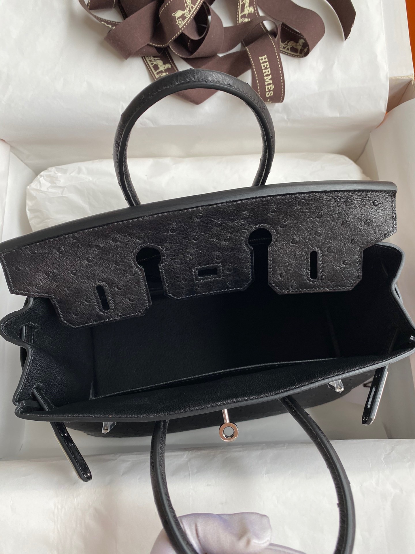 Hermes Birkin 25 Retourne Handmade Bag In Black Ostrich Leather