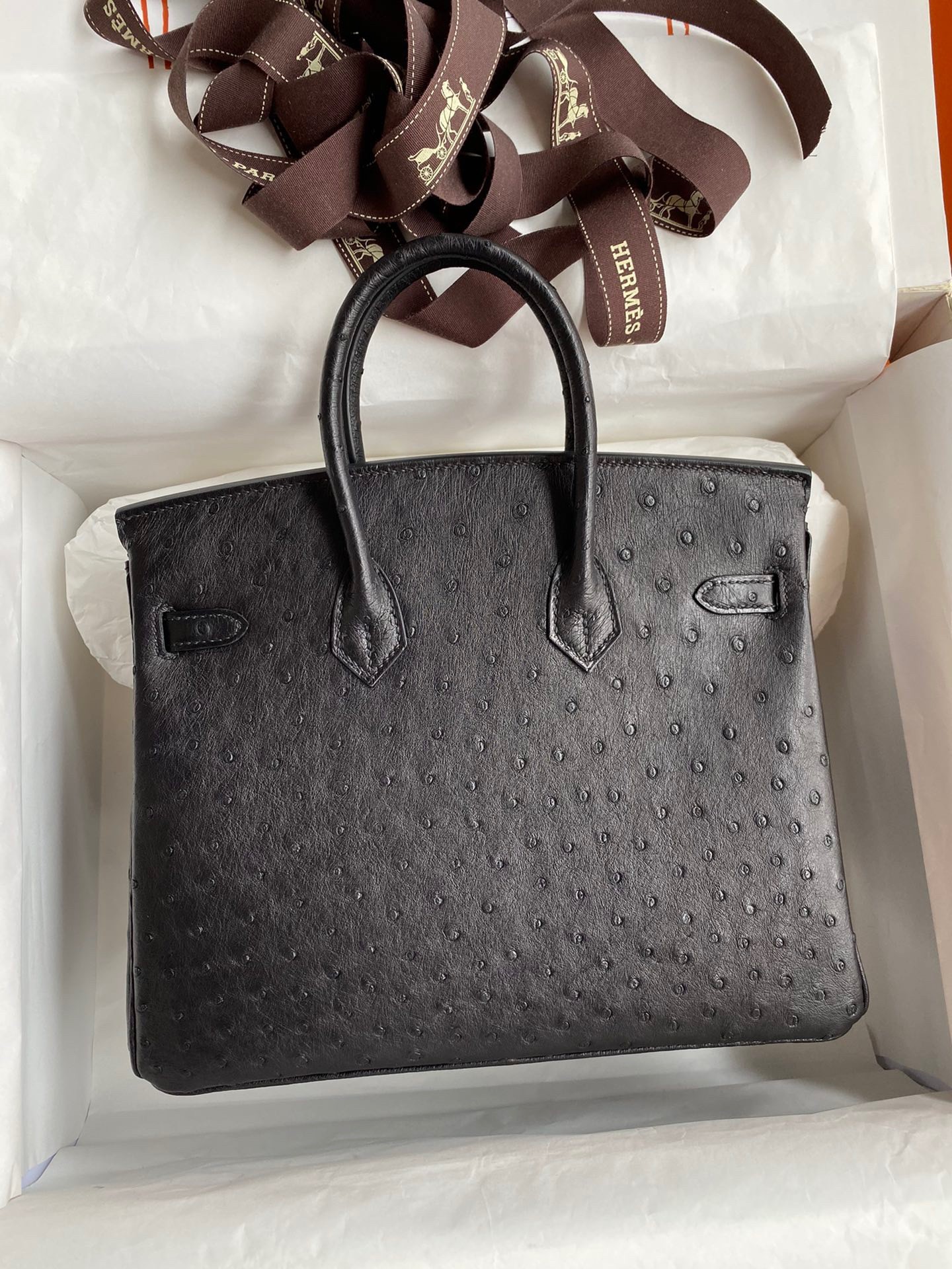 Hermes Birkin 25 Retourne Handmade Bag In Black Ostrich Leather