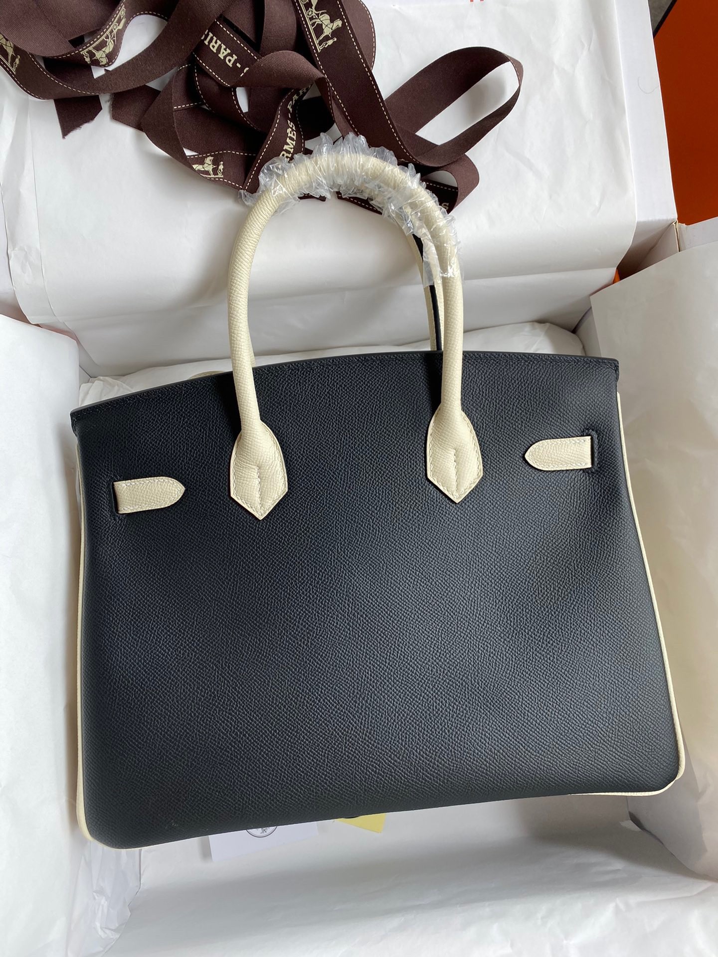 Hermes HSS Birkin 30 Bicolor Bag in Black and Craie Epsom Calfskin