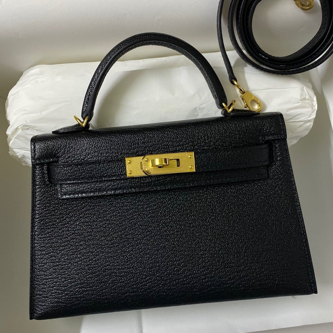 Hermes Kelly Mini II Sellier Handmade Bag In Black Chevre Mysore Leather