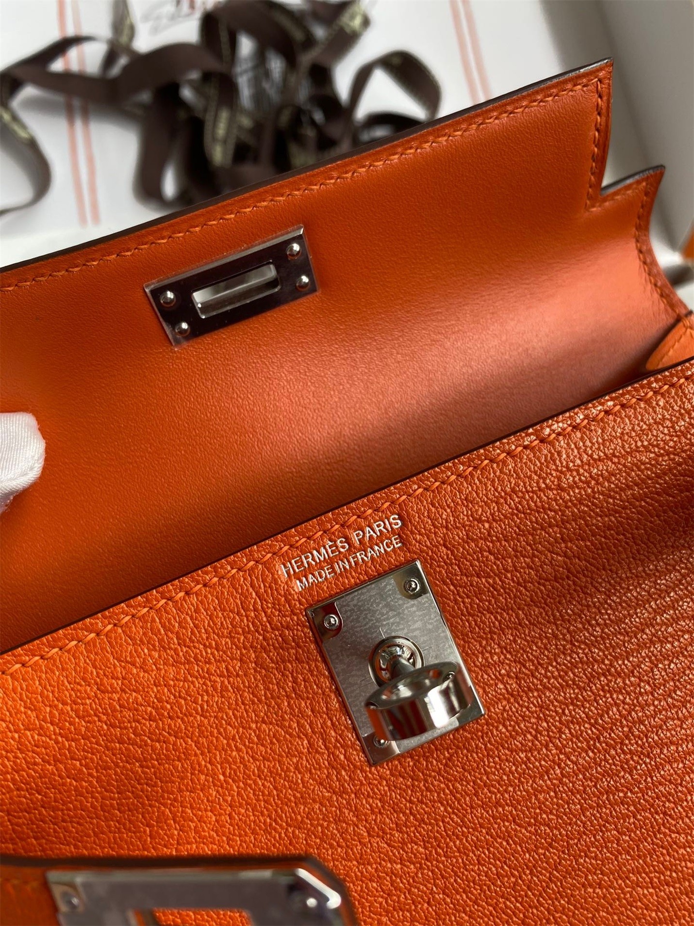 Hermes Kelly Mini II Sellier Handmade Bag In Orange Chevre Mysore Leather