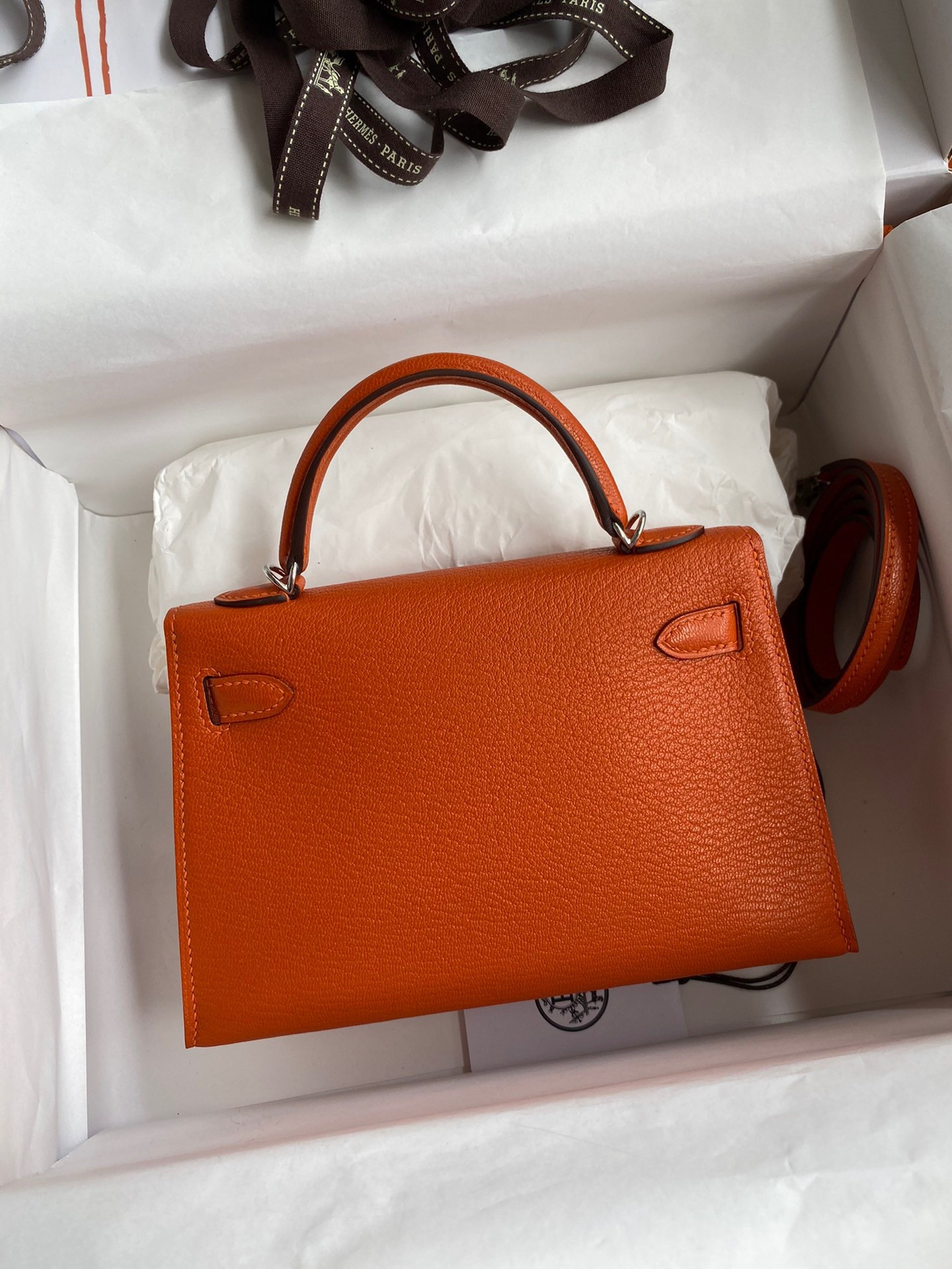 Hermes Kelly Mini II Sellier Handmade Bag In Orange Chevre Mysore Leather