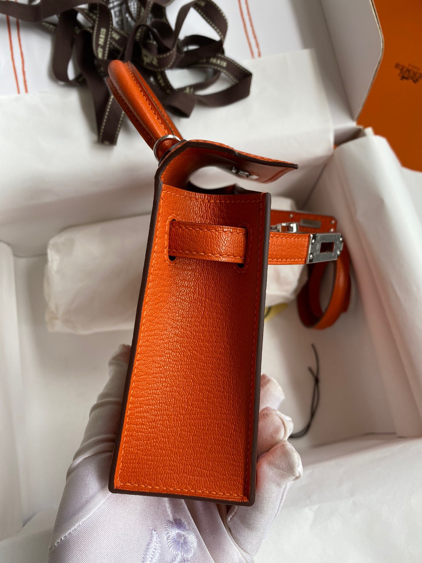 Hermes Kelly Mini II Sellier Handmade Bag In Orange Chevre Mysore Leather