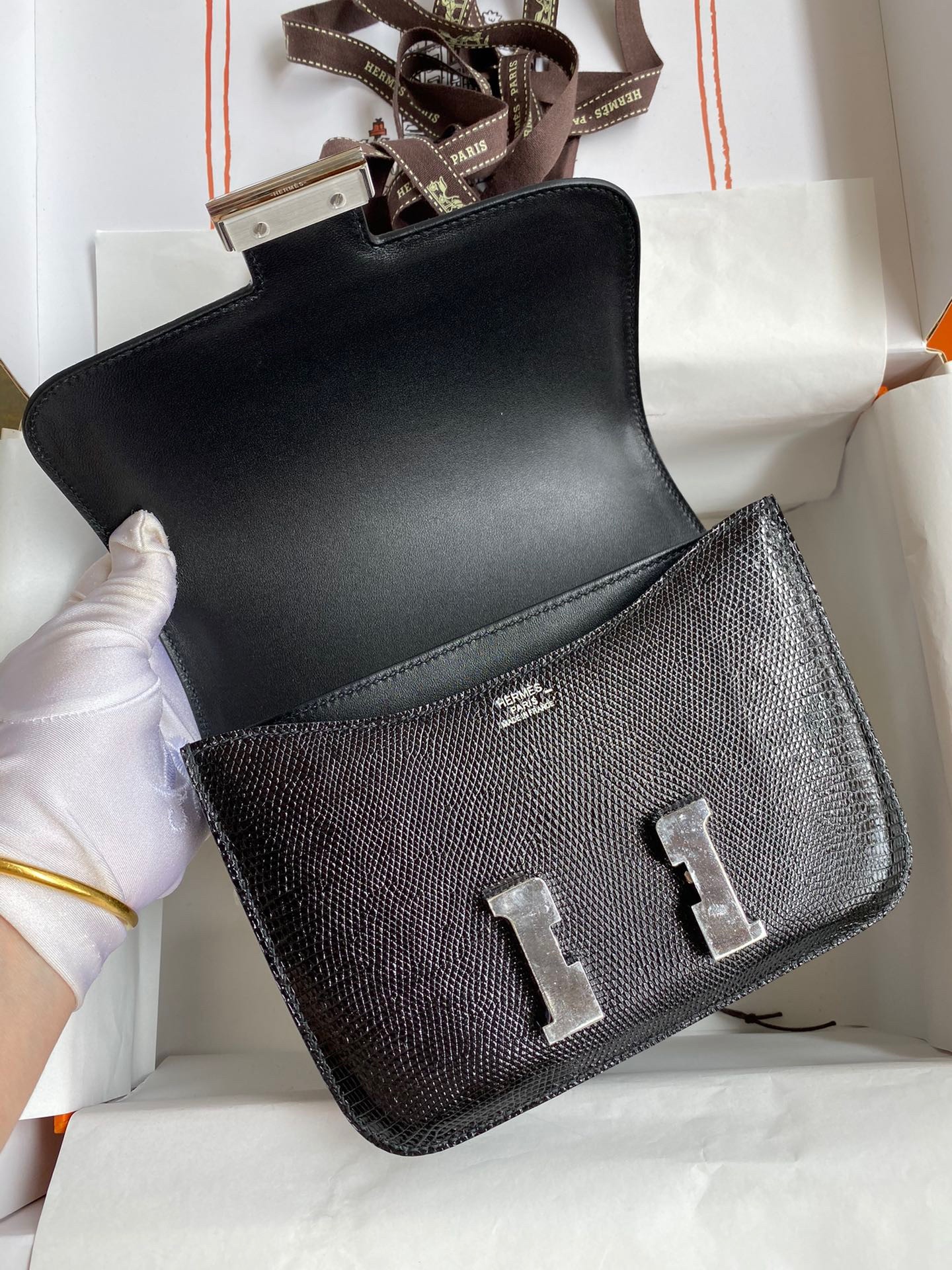 Hermes Constance 18 Handmade Bag In Black Lizard Leather