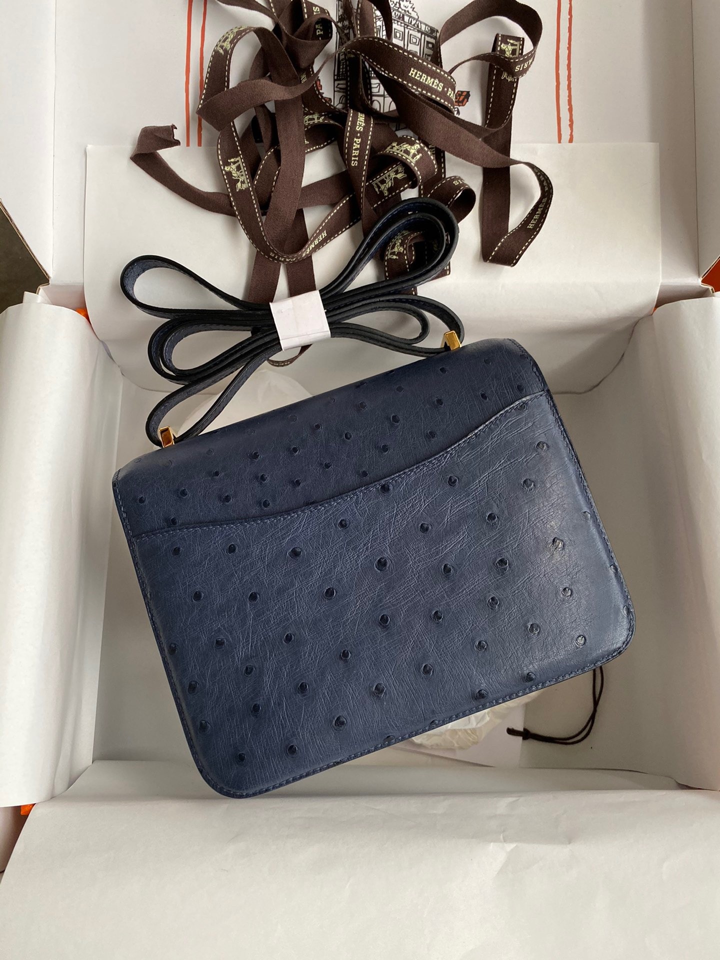 Hermes Constance 18 Handmade Bag In Blue Iris Ostrich Leather