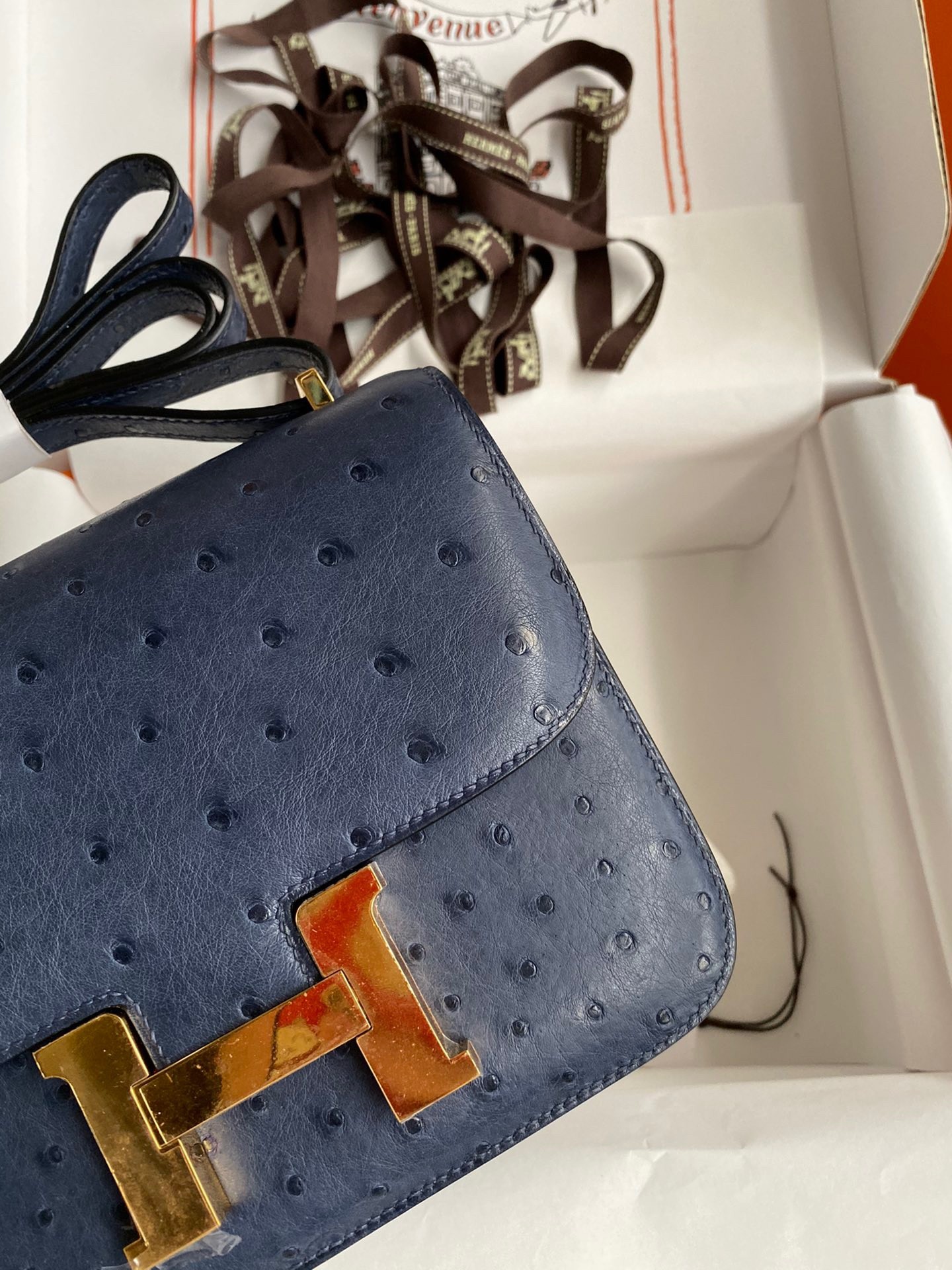 Hermes Constance 18 Handmade Bag In Blue Iris Ostrich Leather