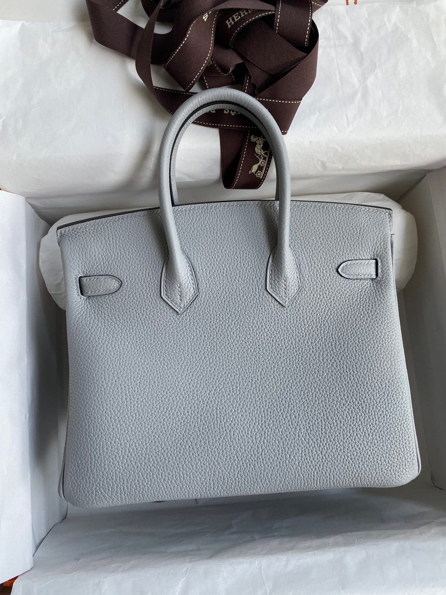 Hermes Birkin 25 Retourne Handmade Bag In Blue Glacier Clemence Leather