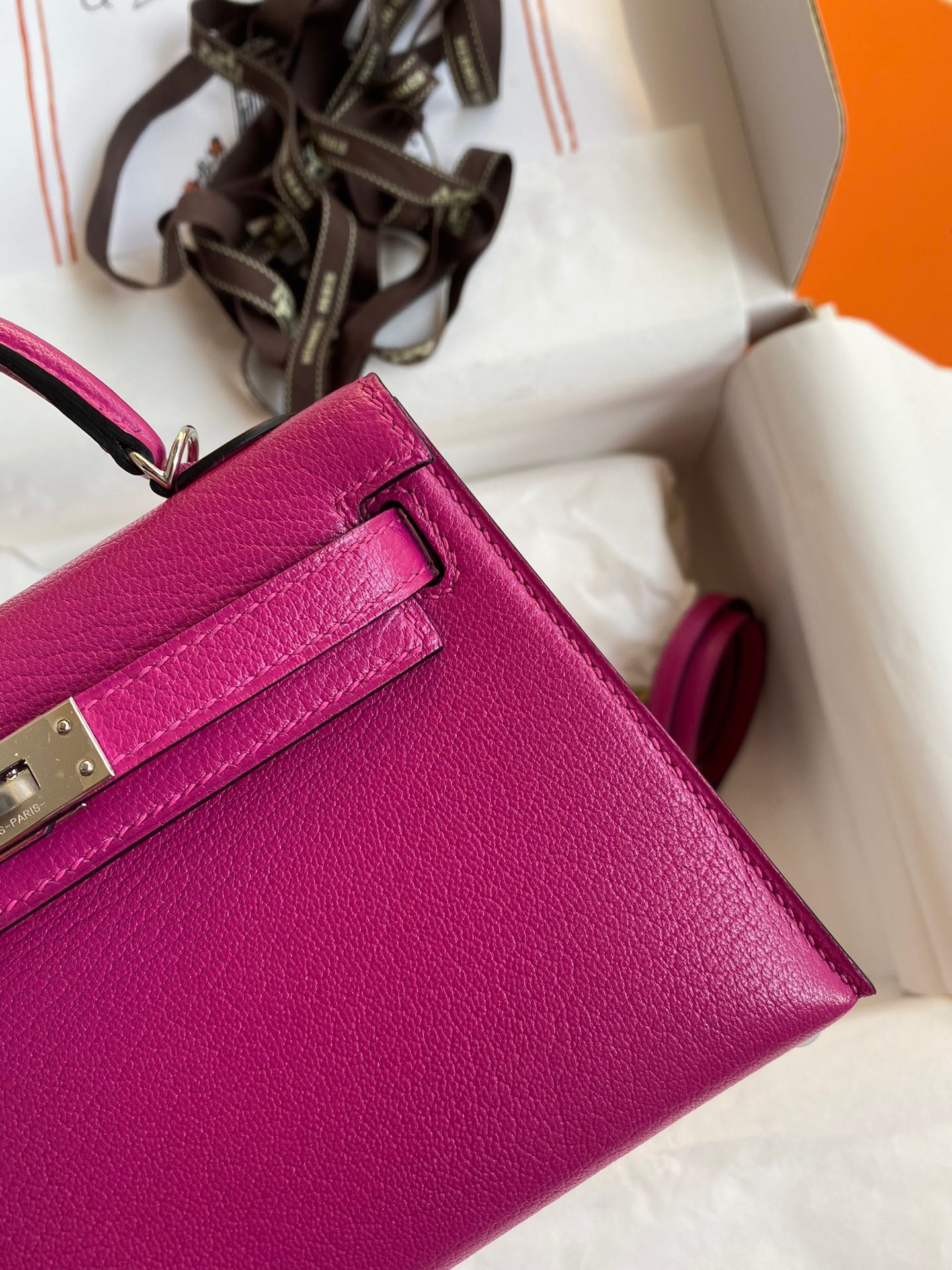 Hermes Kelly Mini II Sellier Handmade Bag In Rose Purple Chevre Mysore Leather