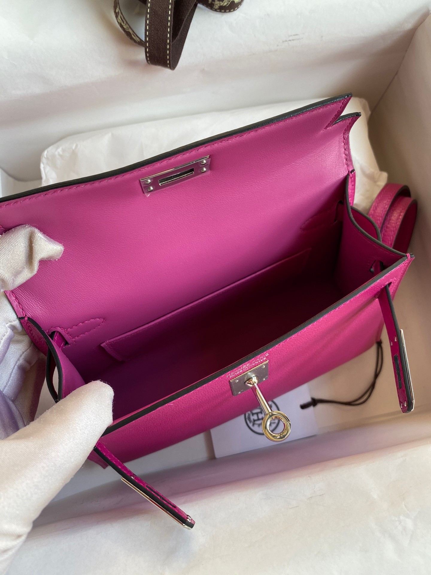 Hermes Kelly Mini II Sellier Handmade Bag In Rose Purple Chevre Mysore Leather