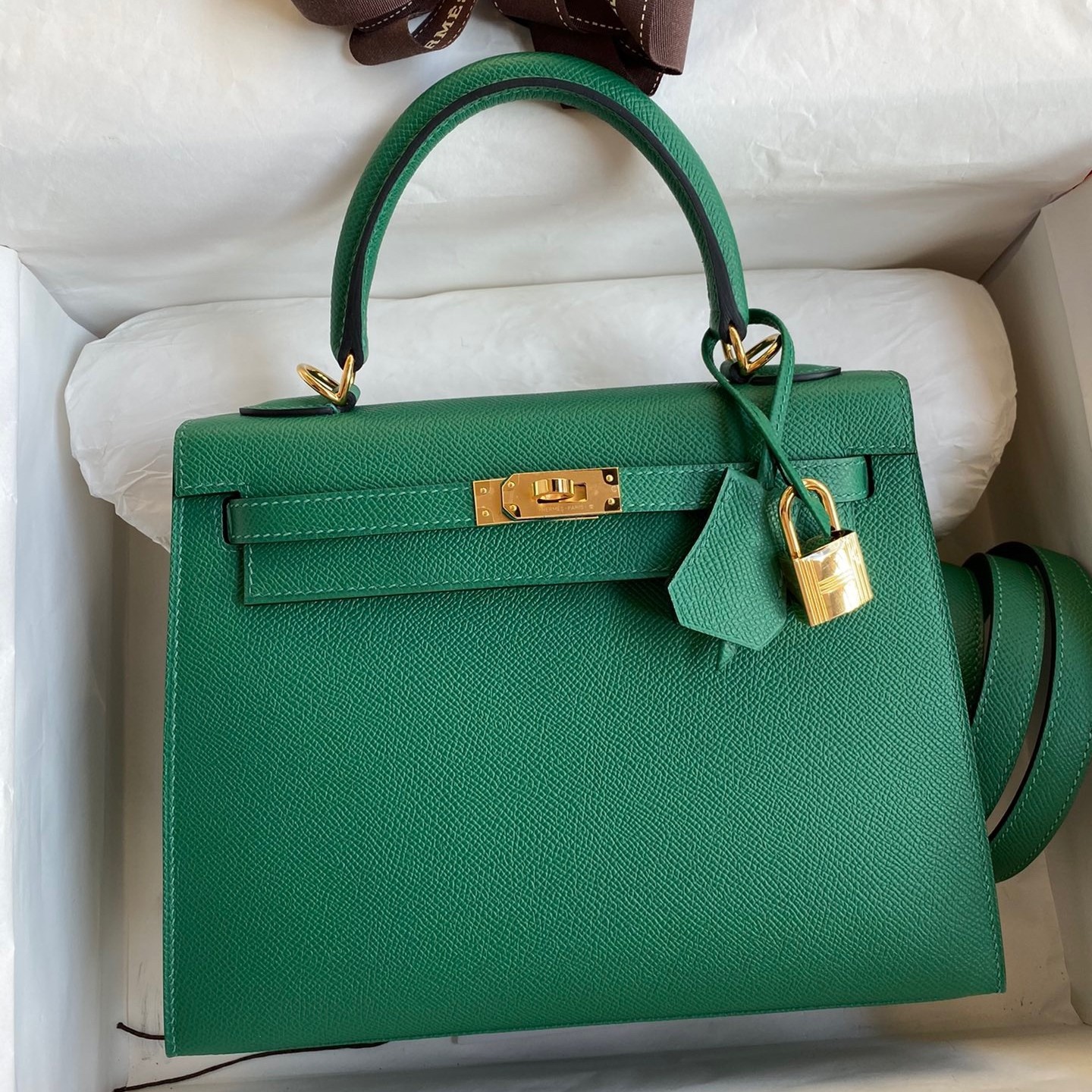 Hermes Kelly Sellier 25 Handmade Bag In Vert Vertigo Epsom Calfskin