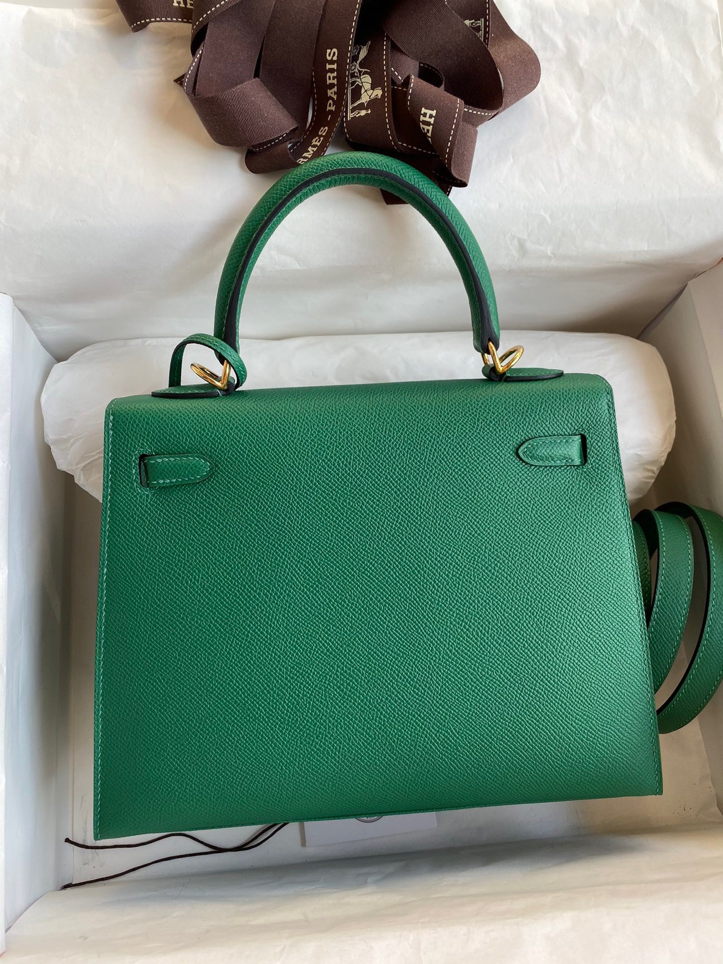 Hermes Kelly Sellier 25 Handmade Bag In Vert Vertigo Epsom Calfskin