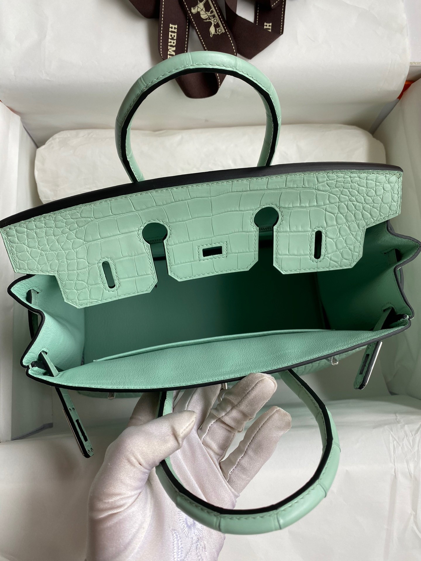 Hermes Birkin 25 Retourne Handmade Bag In Vert D'eau Matte Alligator Leather