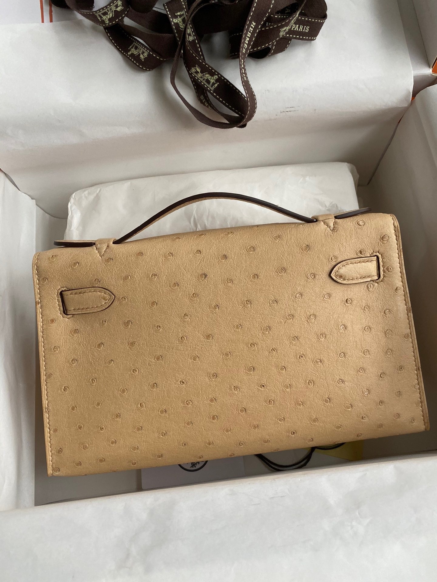 Hermes Kelly Pochette Handmade Bag In Chai Ostrich Leather