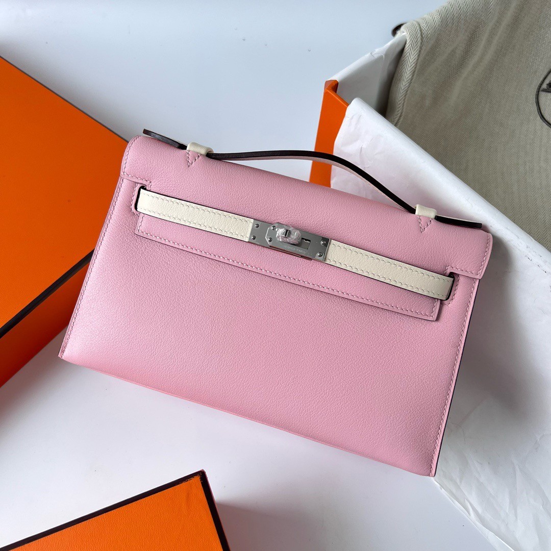 Hermes HSS Kelly Pochette Bicolor Bag in Pink and Craie Swift Calfskin