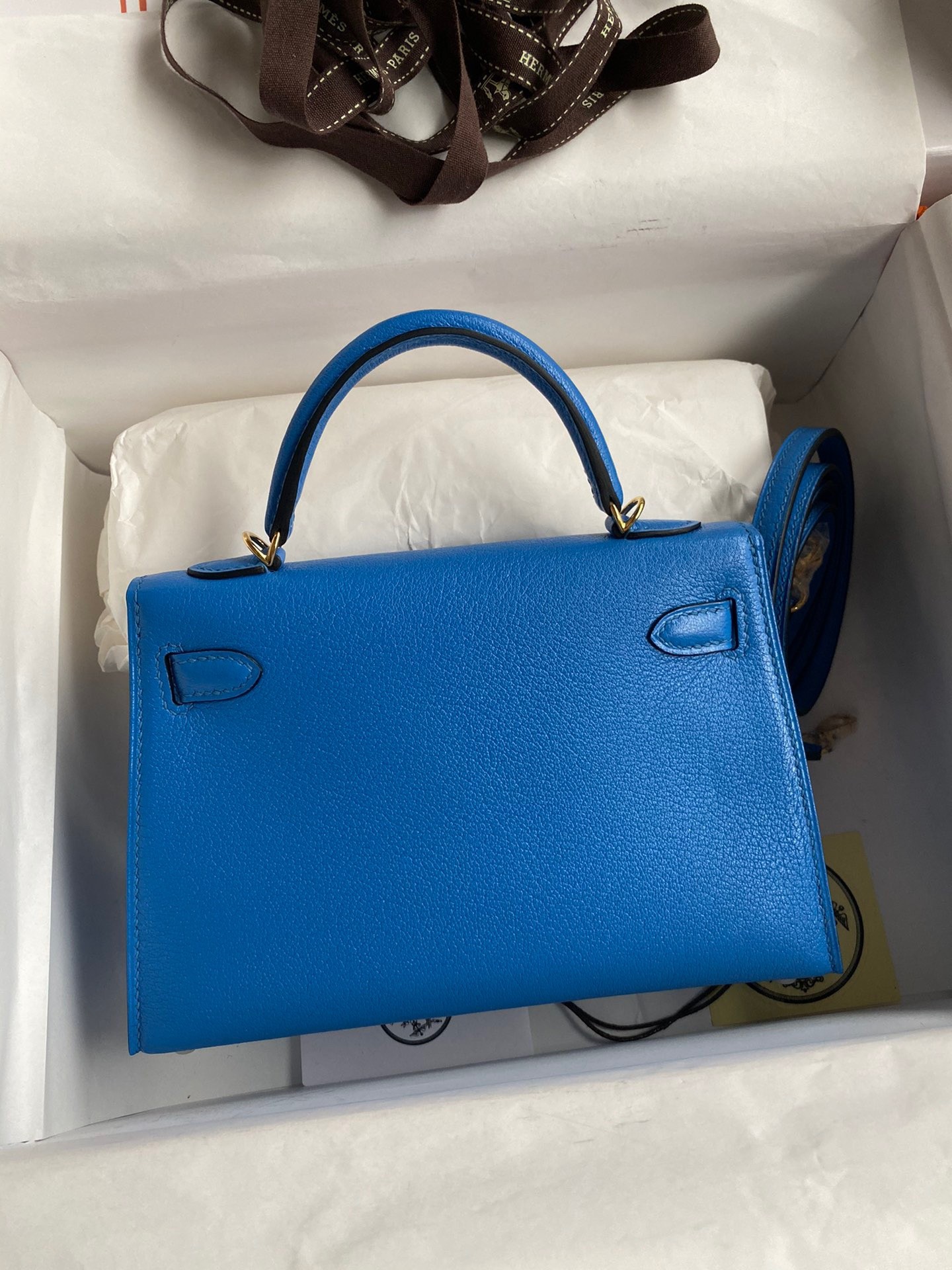 Hermes Kelly Mini II Sellier Handmade Bag In Blue Hydra Chevre Mysore Leather