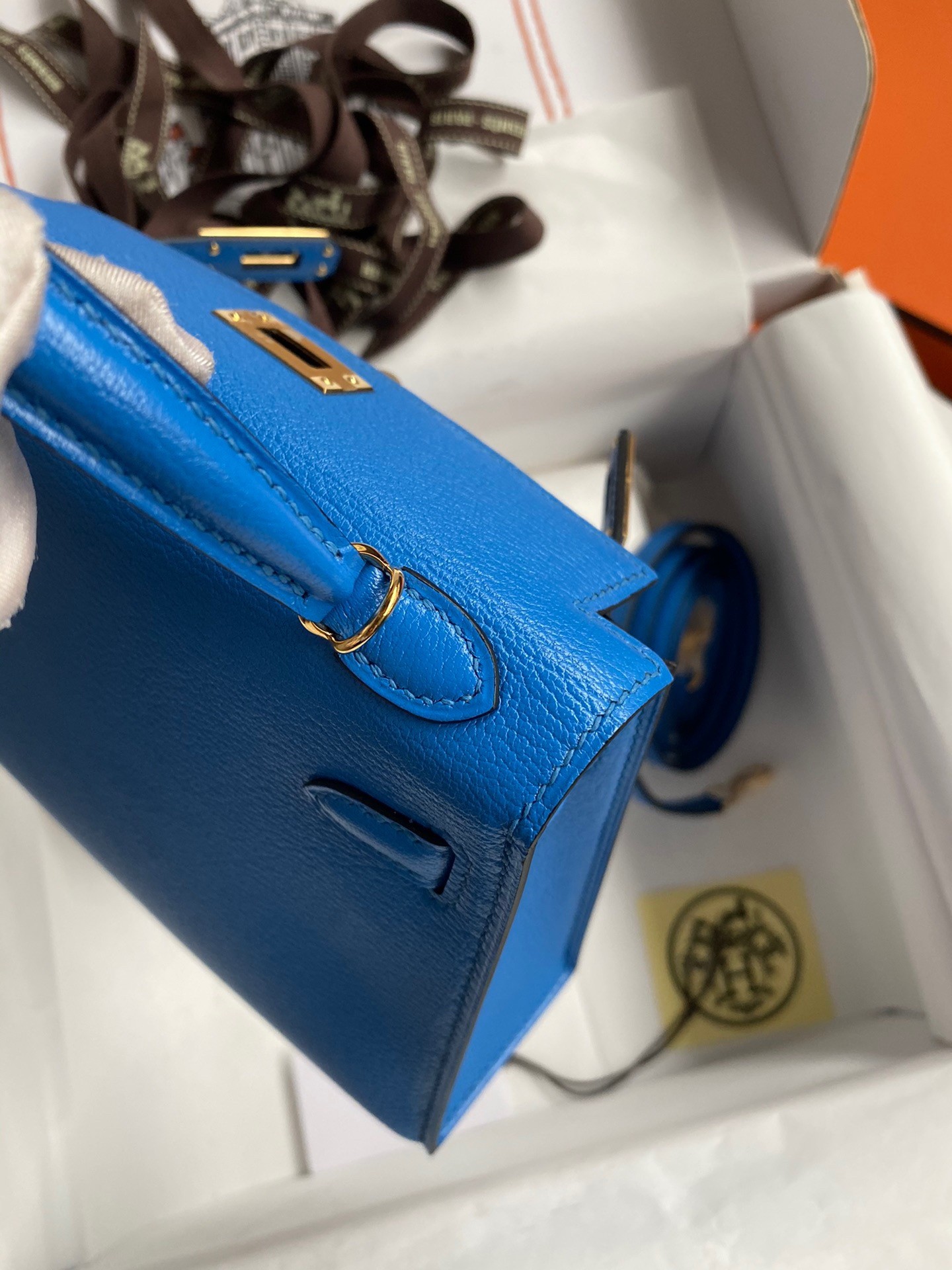 Hermes Kelly Mini II Sellier Handmade Bag In Blue Hydra Chevre Mysore Leather