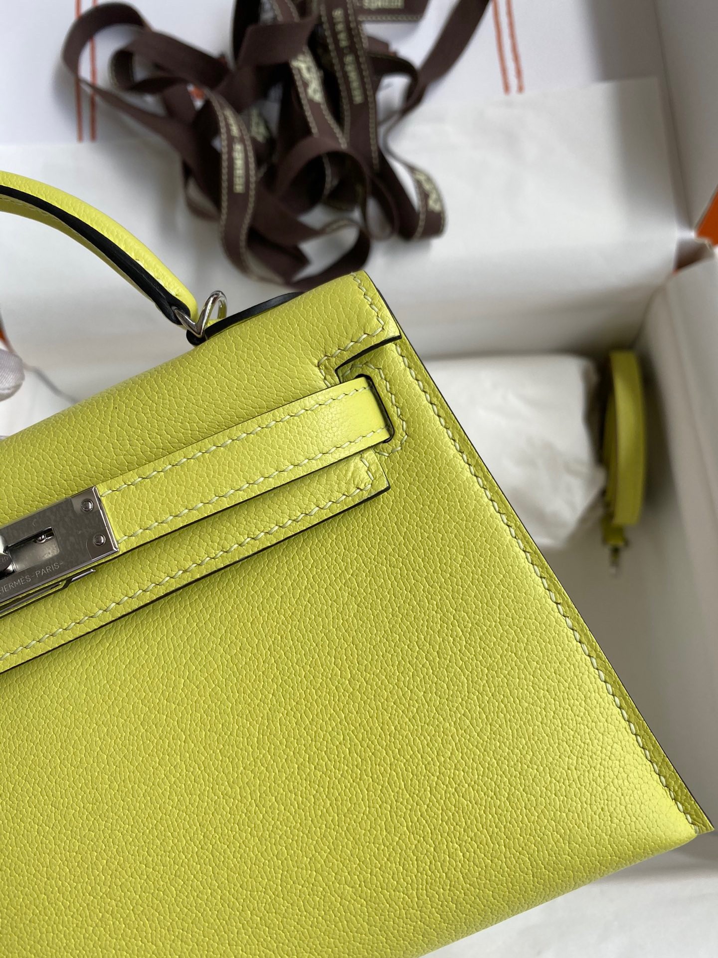 Hermes Kelly Mini II Sellier Handmade Bag In Jaune Bourgeon Chevre Mysore Leather