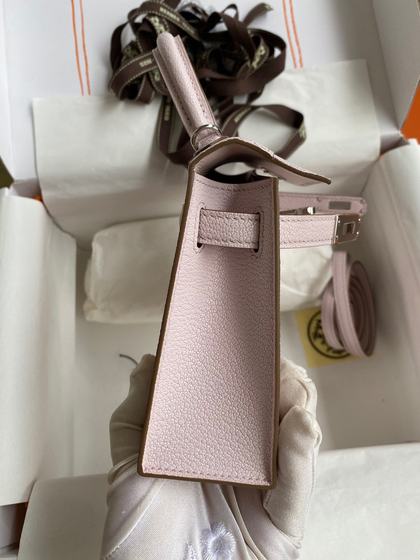 Hermes Kelly Mini II Sellier Handmade Bag In Mauve Pale Chevre Mysore Leather