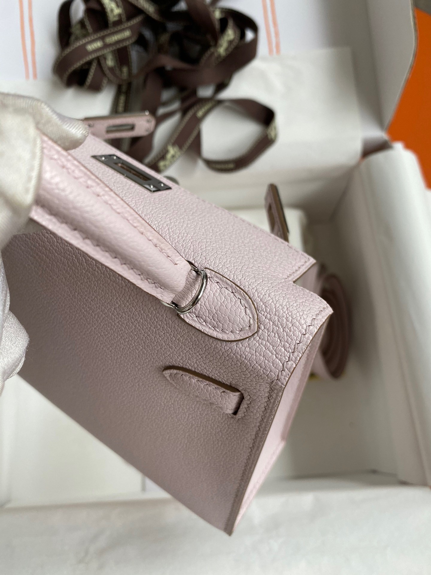 Hermes Kelly Mini II Sellier Handmade Bag In Mauve Pale Chevre Mysore Leather