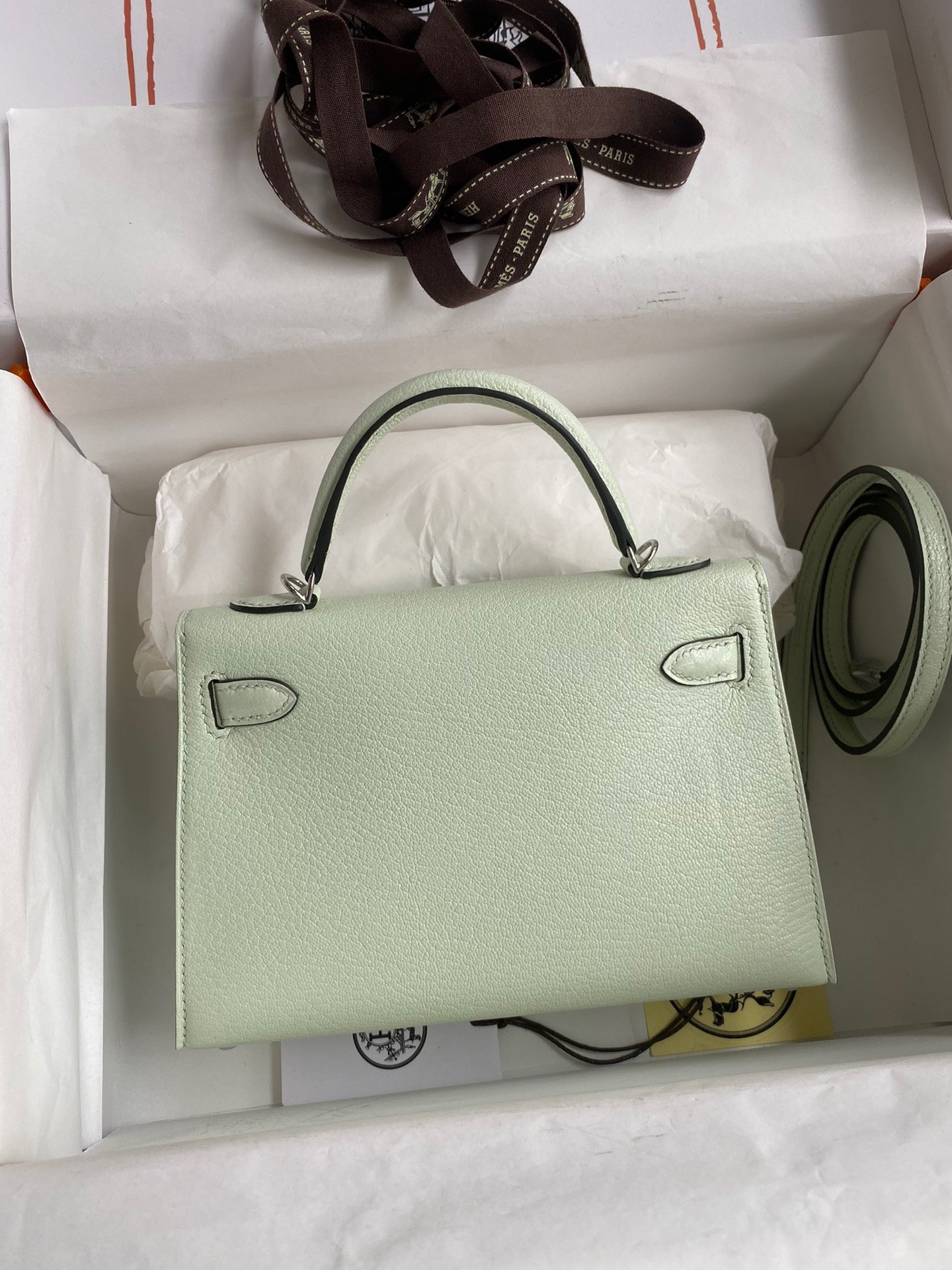 Hermes Kelly Mini II Sellier Handmade Bag In Vert Fizz Chevre Mysore Leather