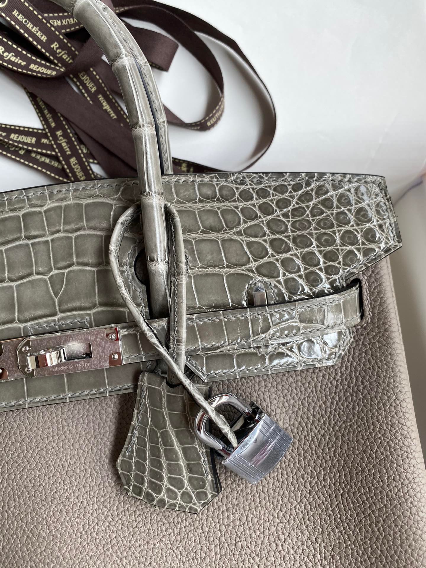 Hermes Touch Birkin 25 Bag In Gris Asphalt Shiny Niloticus Crocodile Skin