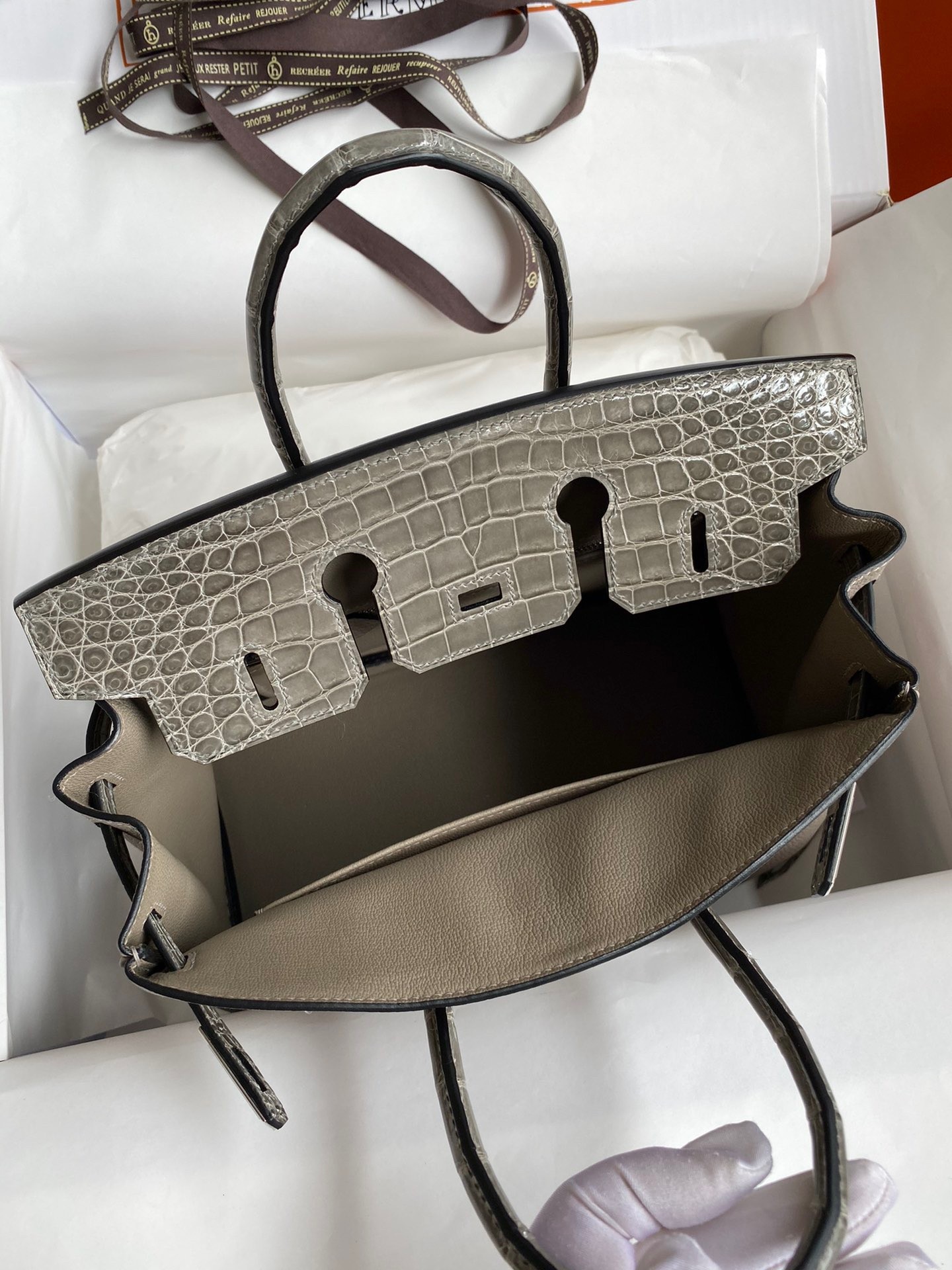 Hermes Touch Birkin 25 Bag In Gris Asphalt Shiny Niloticus Crocodile Skin