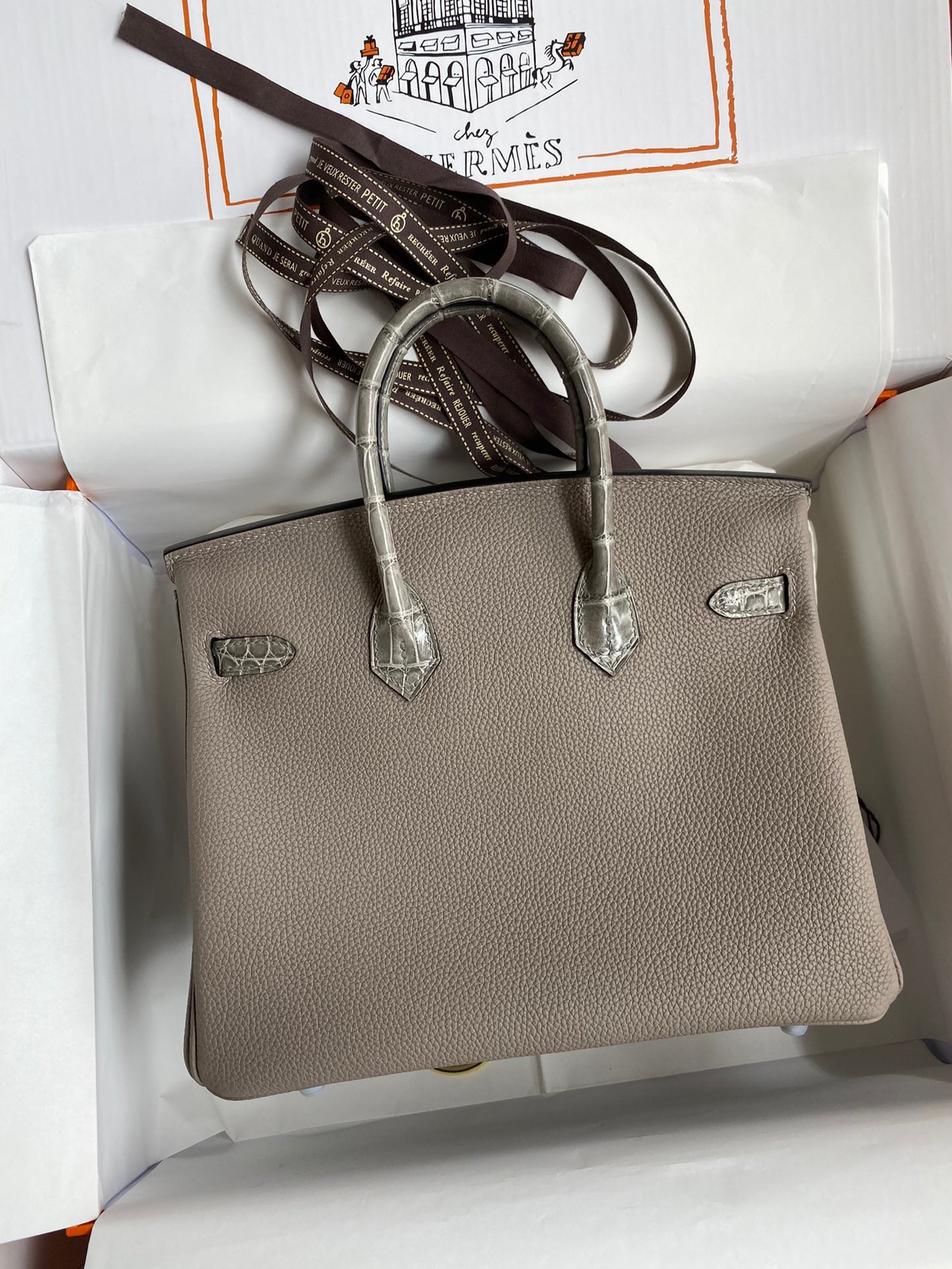 Hermes Touch Birkin 25 Bag In Gris Asphalt Shiny Niloticus Crocodile Skin