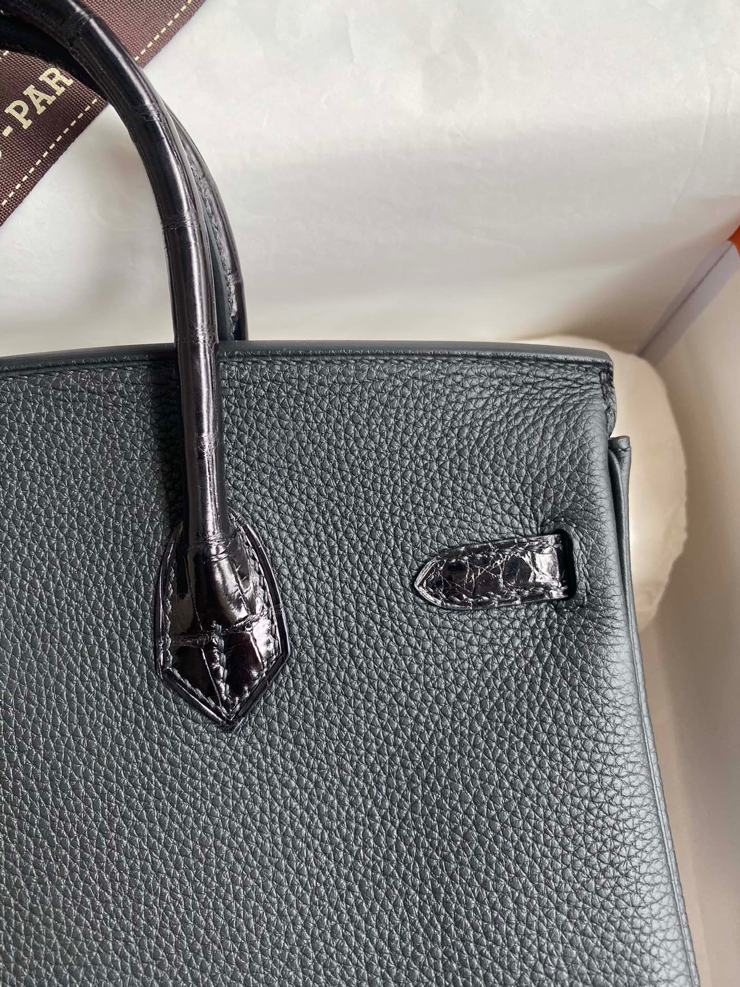 Hermes Touch Birkin 25 Bag in Black Togo and Shiny Alligator Leather