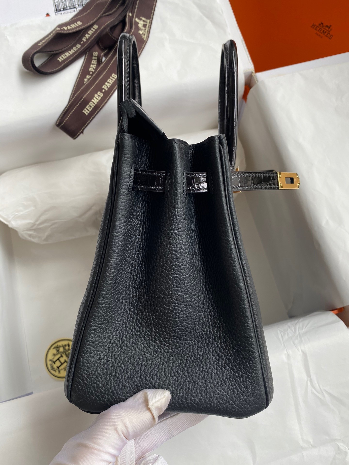 Hermes Touch Birkin 25 Bag in Black Togo and Shiny Alligator Leather