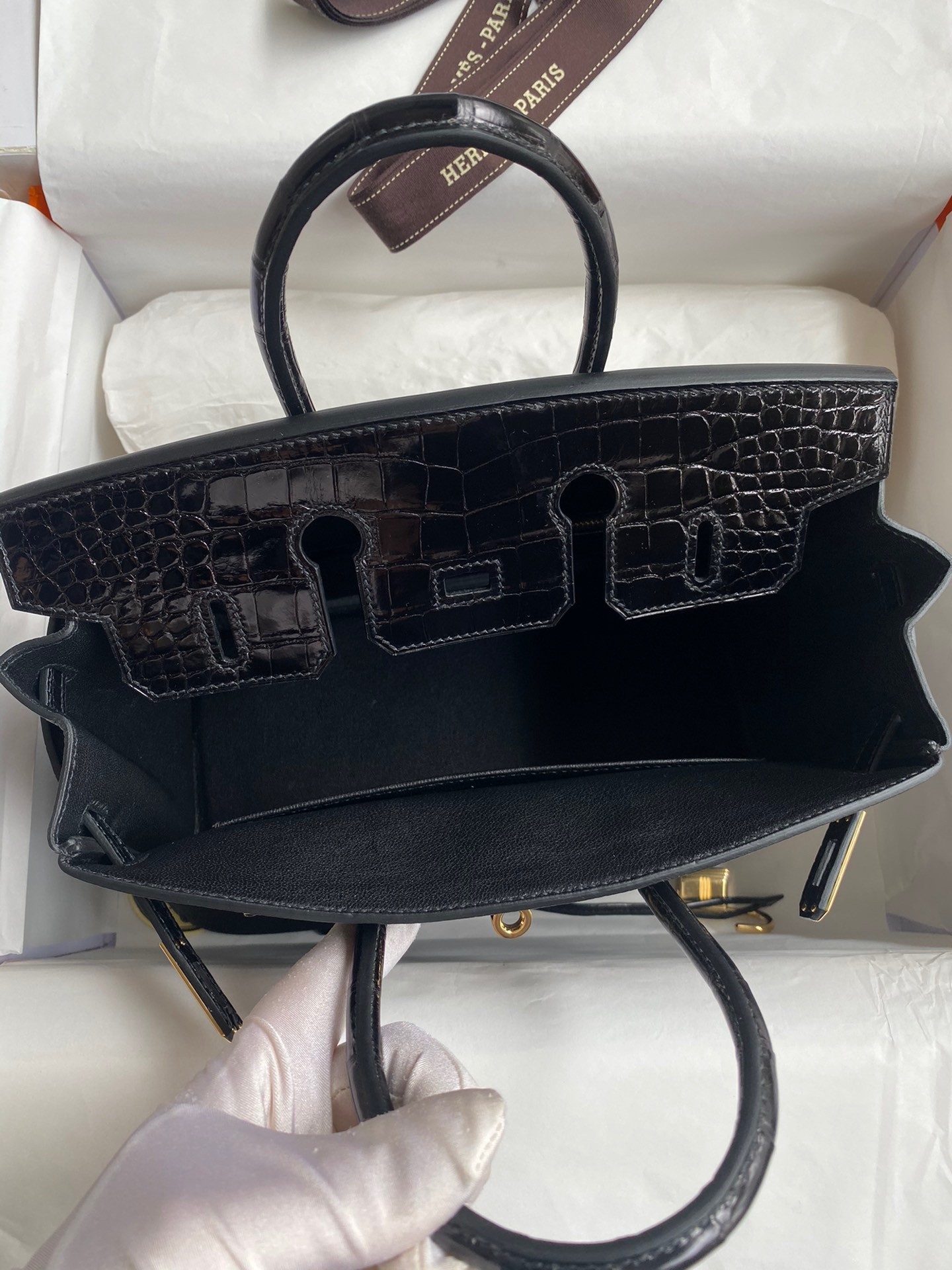 Hermes Touch Birkin 25 Bag in Black Togo and Shiny Alligator Leather