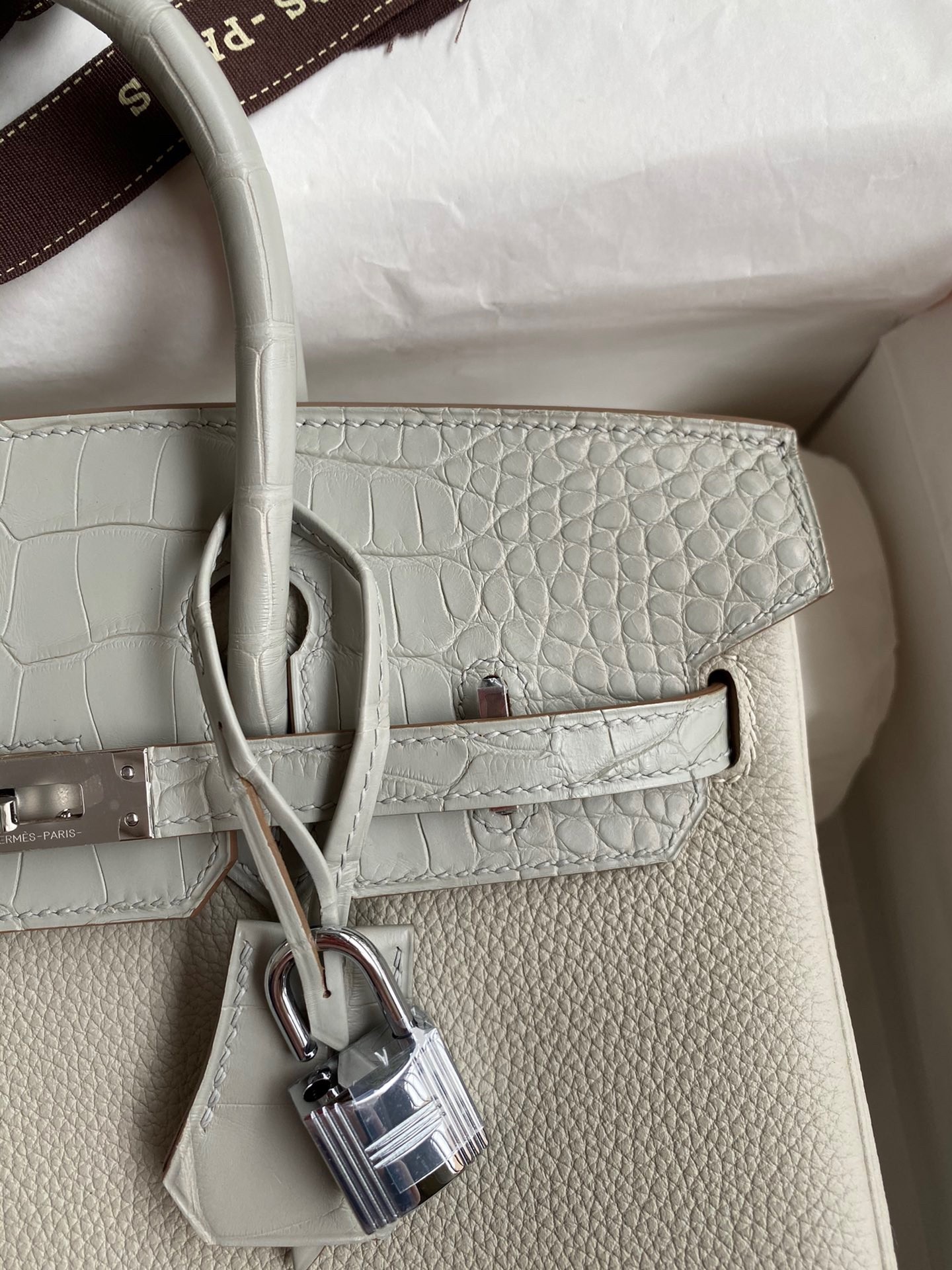 Hermes Touch Birkin 25 Bag in Pearl Grey Togo and Matte Alligator Leather