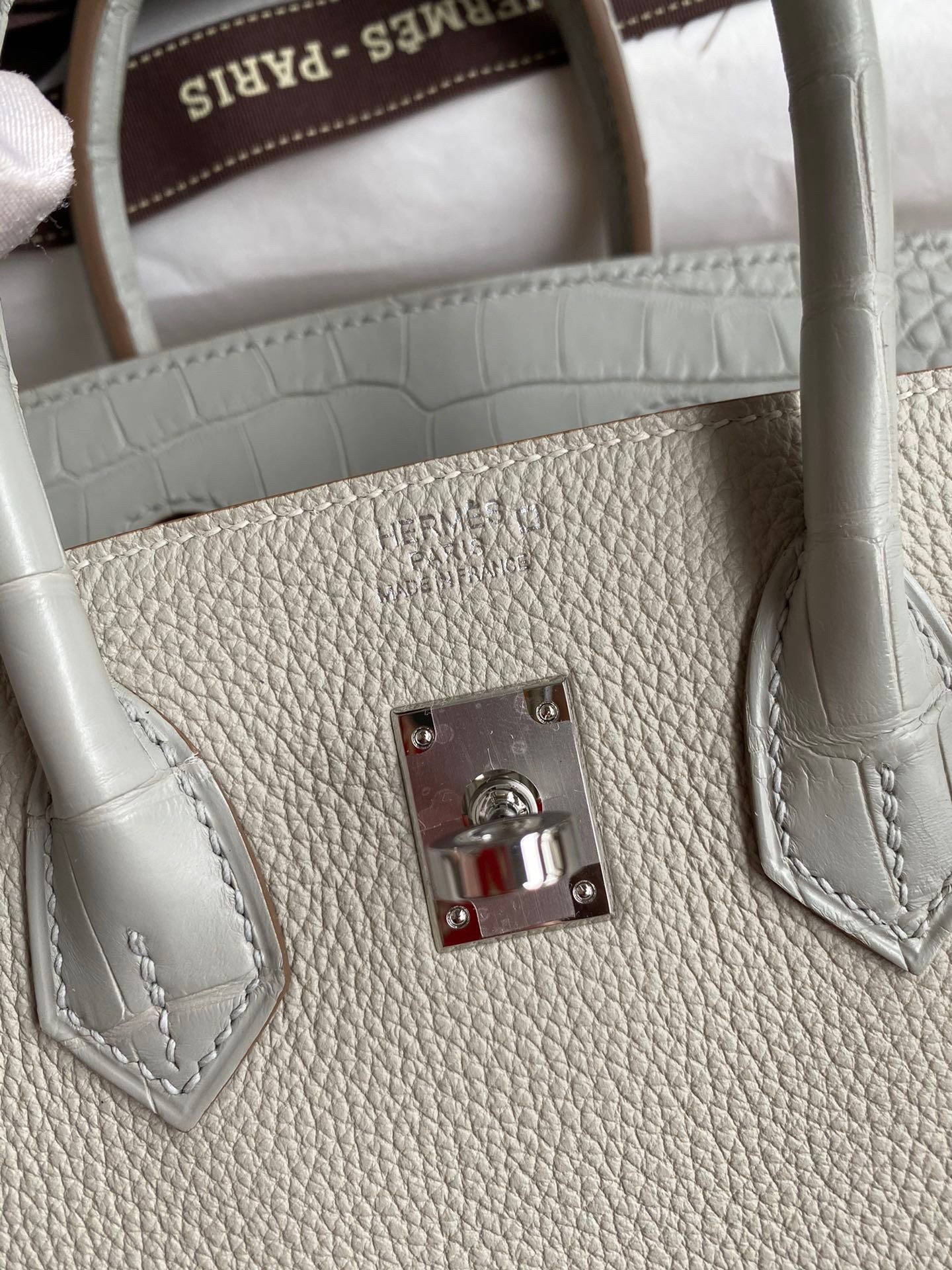 Hermes Touch Birkin 25 Bag in Pearl Grey Togo and Matte Alligator Leather