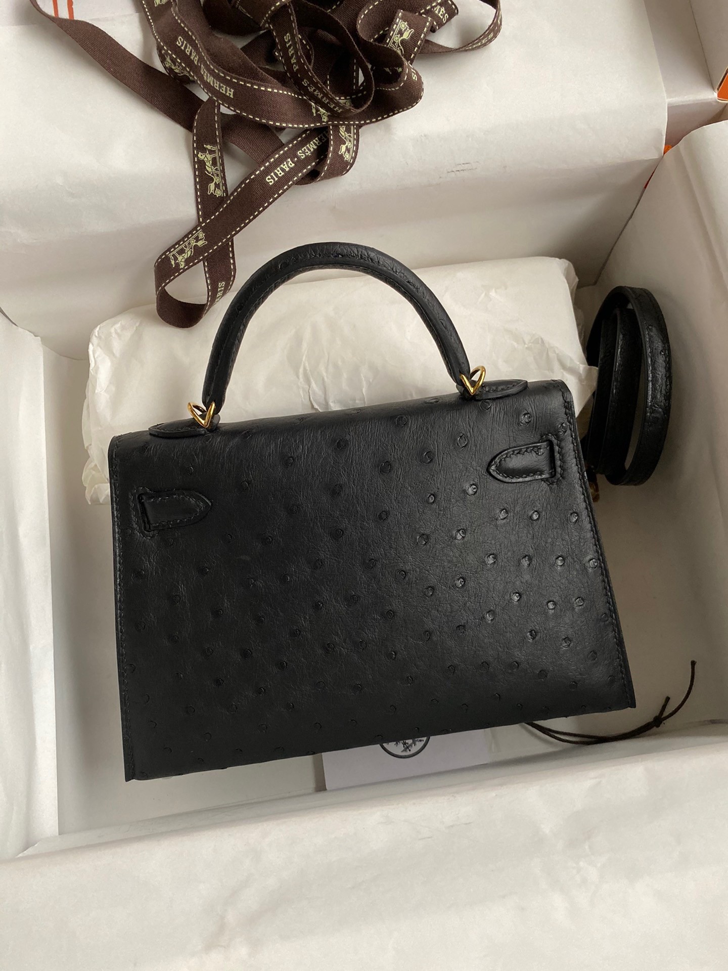 Hermes Kelly Mini II Sellier Handmade Bag In Black Ostrich Leather