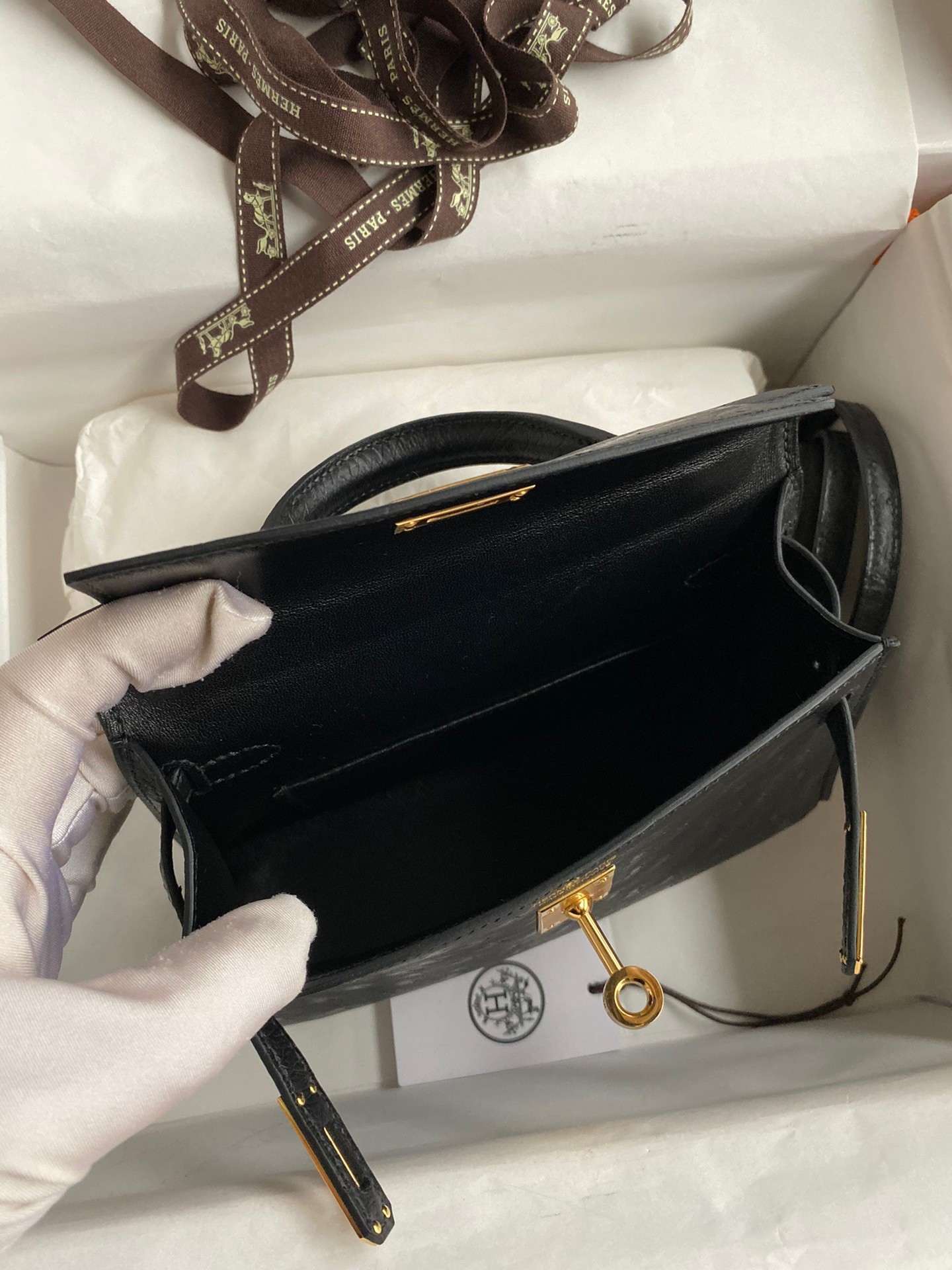 Hermes Kelly Mini II Sellier Handmade Bag In Black Ostrich Leather