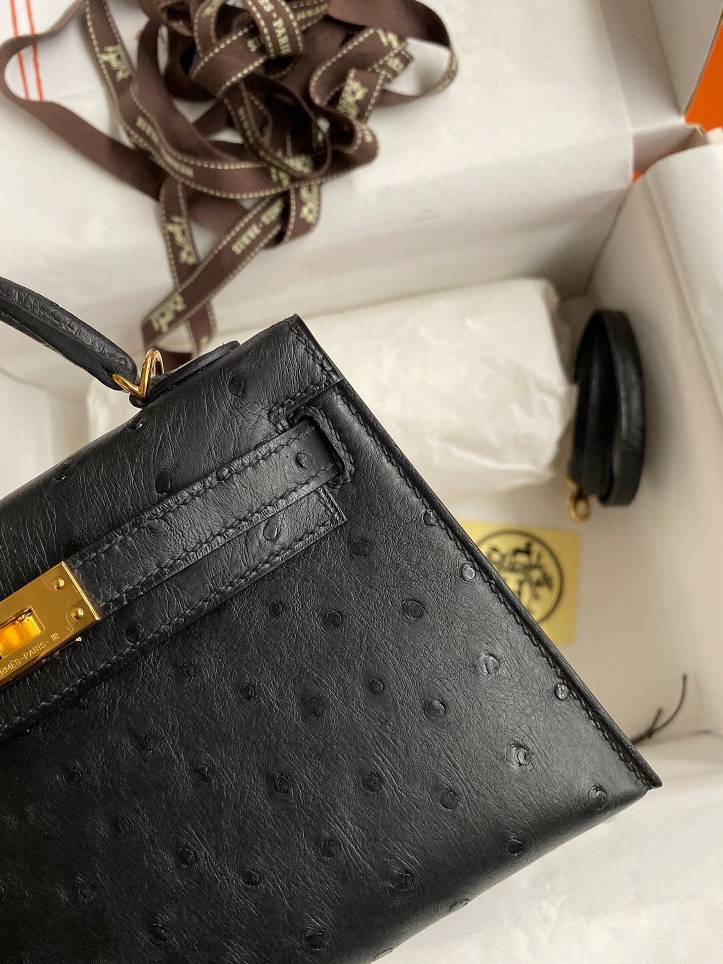 Hermes Kelly Mini II Sellier Handmade Bag In Black Ostrich Leather