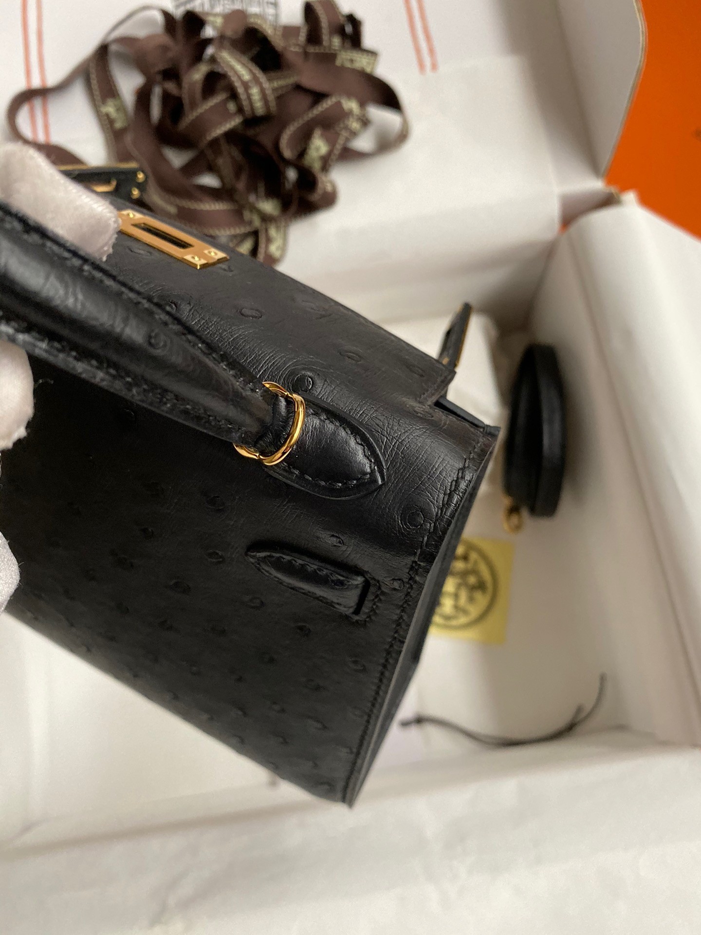 Hermes Kelly Mini II Sellier Handmade Bag In Black Ostrich Leather