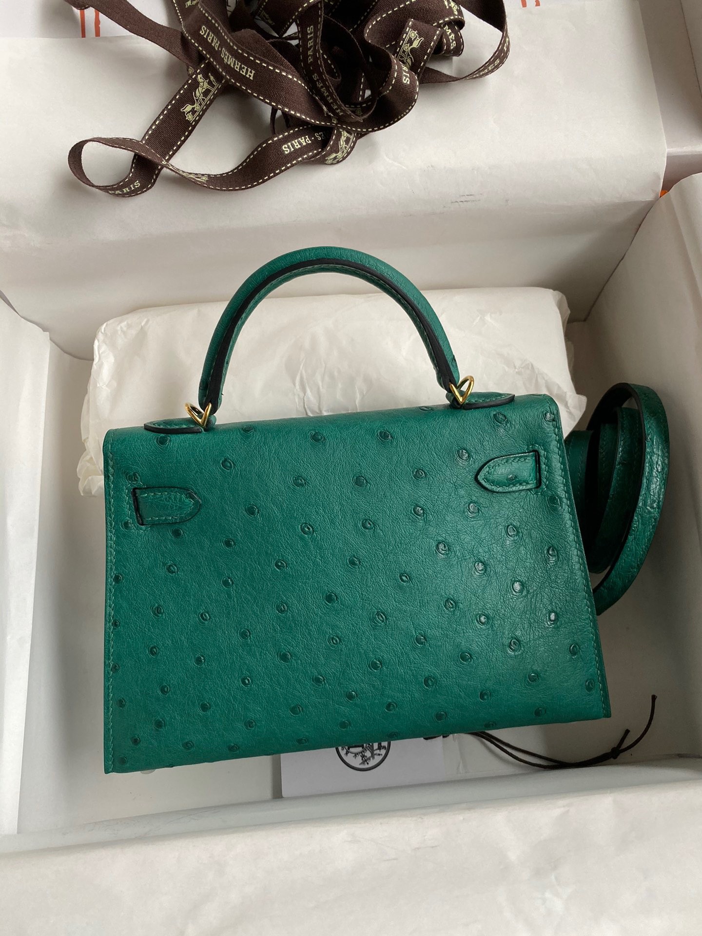 Hermes Kelly Mini II Sellier Handmade Bag In Vert Vertigo Ostrich Leather