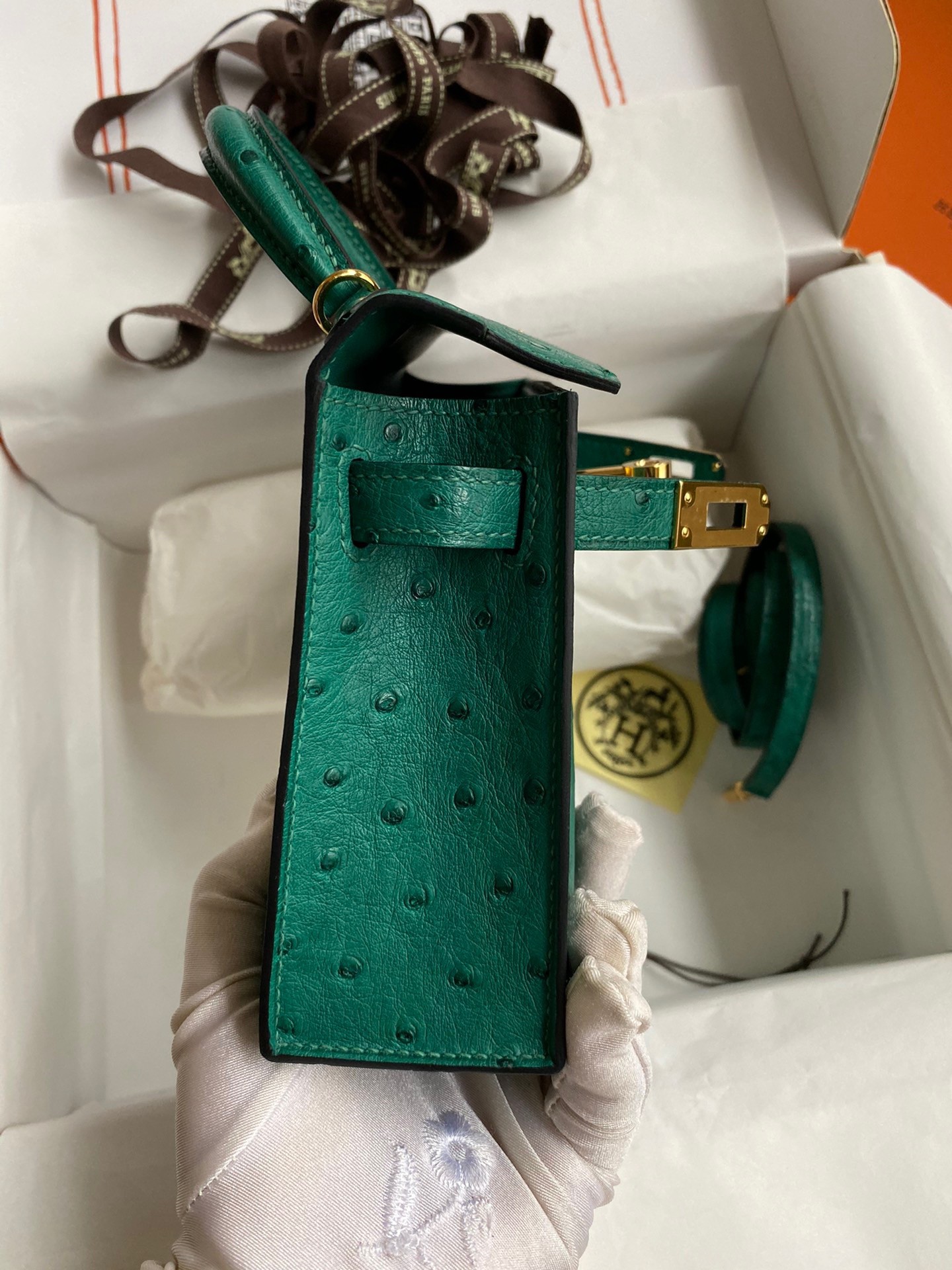 Hermes Kelly Mini II Sellier Handmade Bag In Vert Vertigo Ostrich Leather