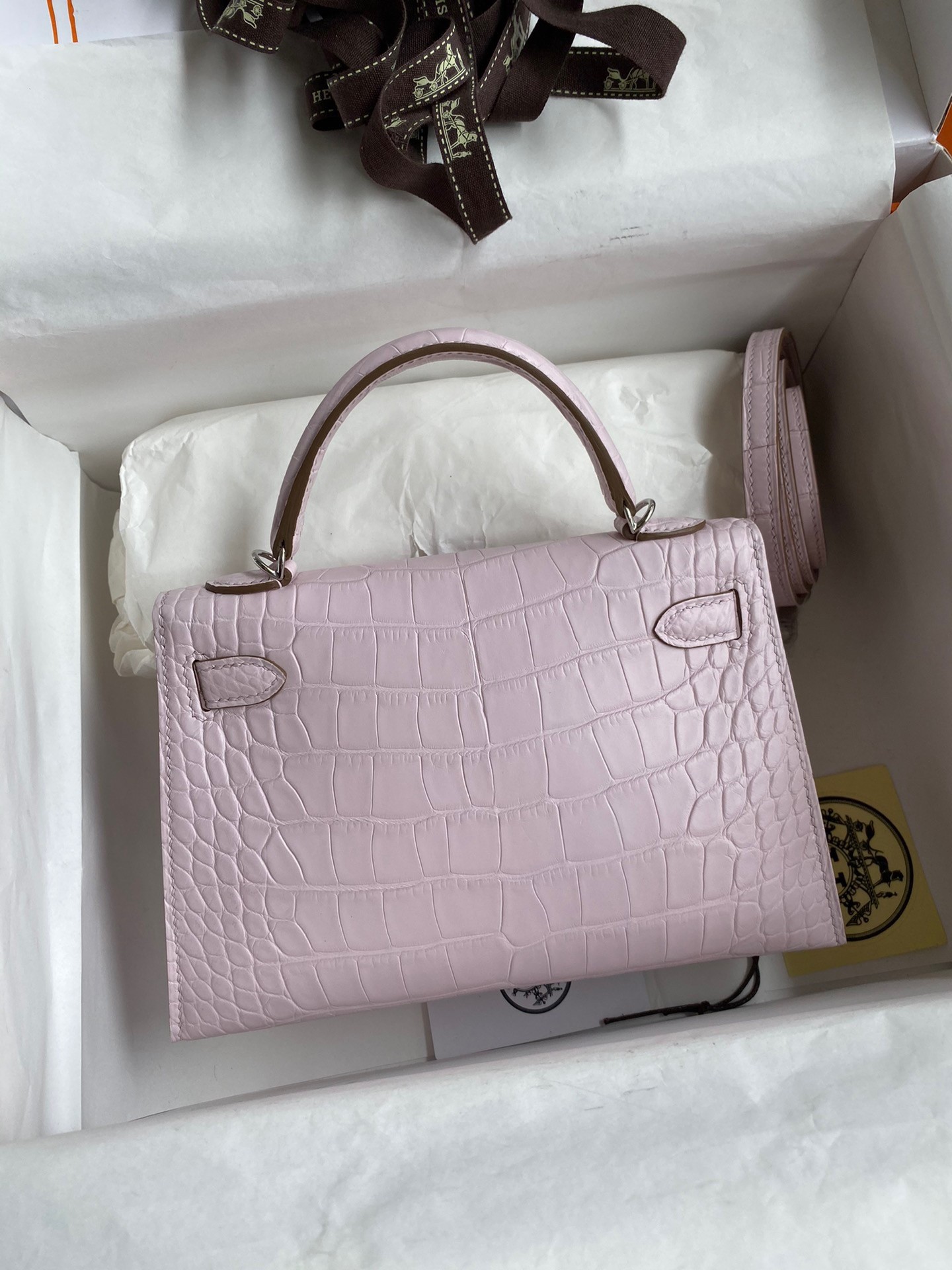 Hermes Kelly Mini II Sellier Handmade Bag In Mauve Pale Matte Alligator Leathe